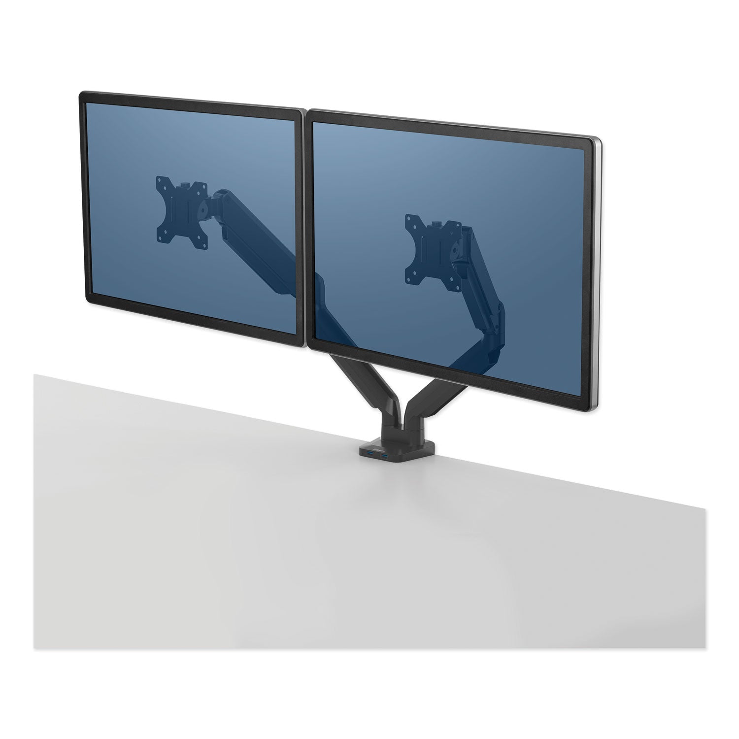 Fellowes® Platinum Series Dual Monitor Arm For 27" Monitors, 360 Deg Rotation, +85 Deg/-20 Deg Tilt, 360 Deg Pan, Black, Supports 20 Lb
