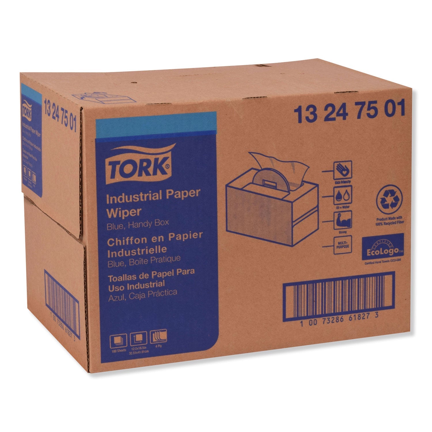 Tork® Industrial Paper Wiper, 4-Ply, 12.8 x 16.5, Unscented, Blue, 180/Carton