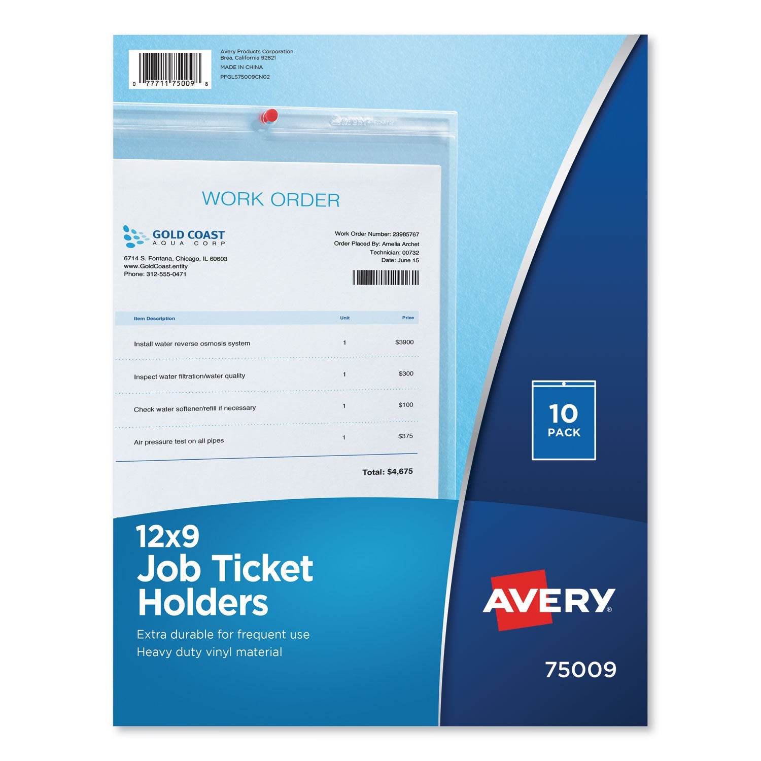 Avery® Job Ticket Holders, Heavy Gauge Vinyl, 9 X 12, Clear, 10/pack