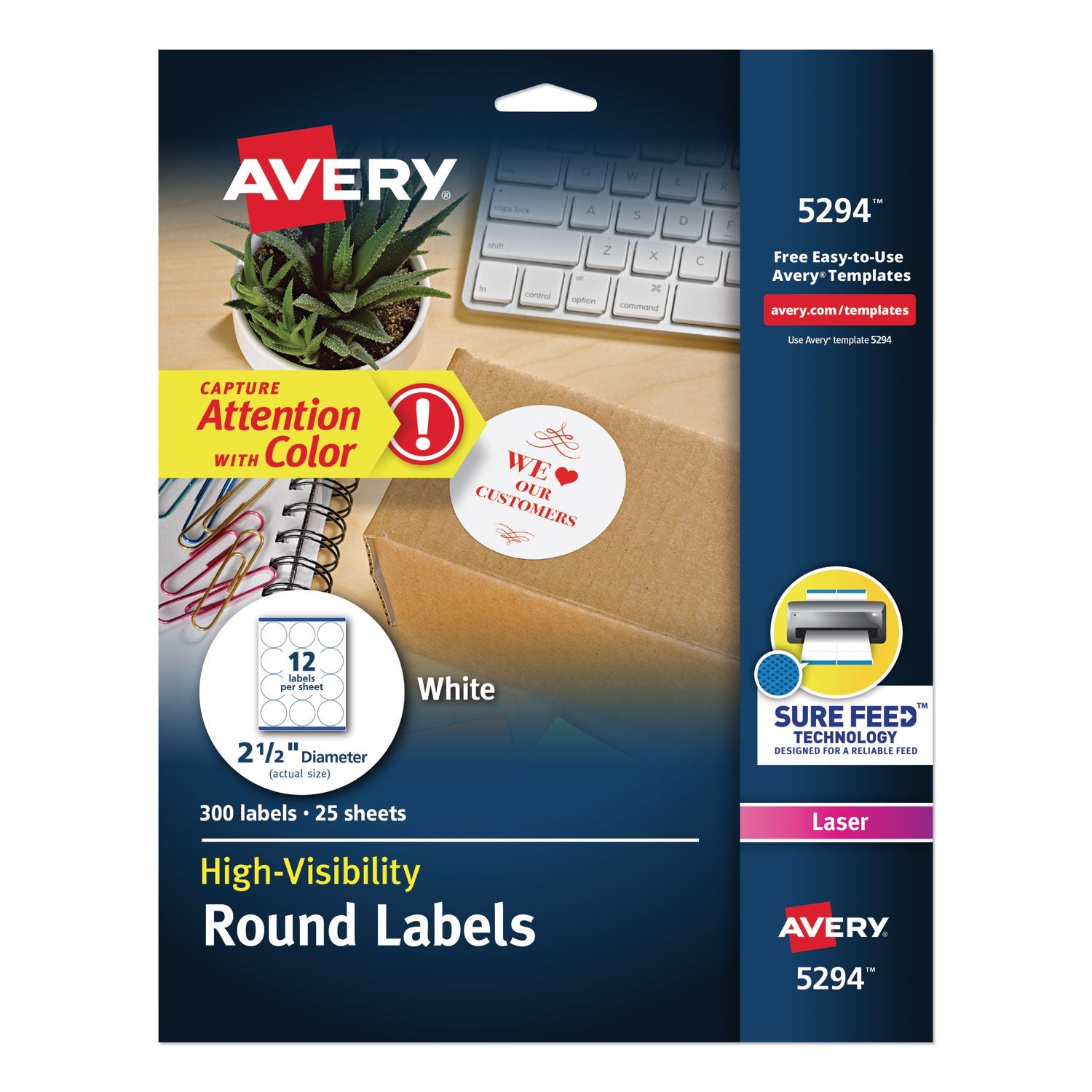 Avery® Permanent Laser Print-To-The-Edge Id Labels W/surefeed, 2 1/2"dia, White, 300/pk