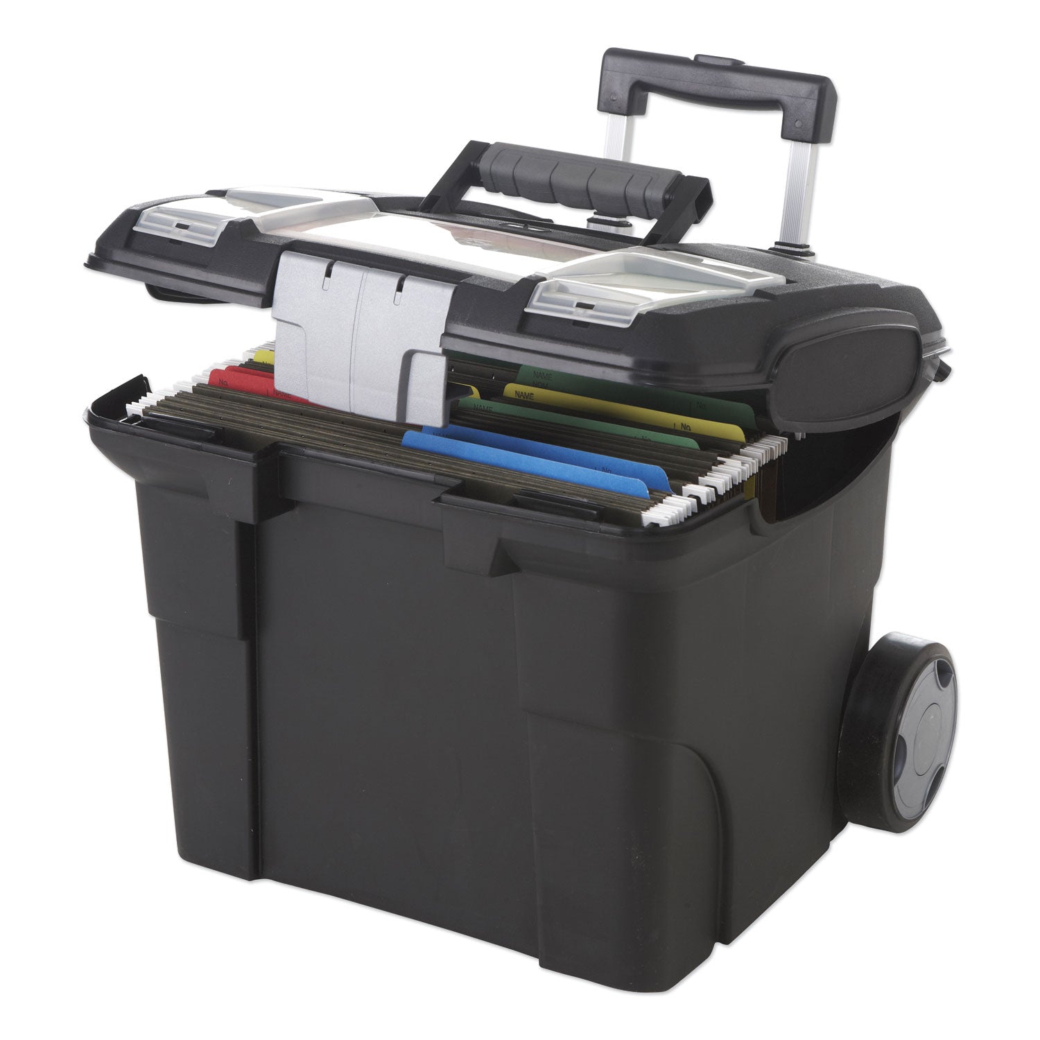Storex Premium Mobile File Transport Box with Telescoping Handle and Organizer Tray, Letter Files, 15" x 16.38" x 14.25", Black/Gray