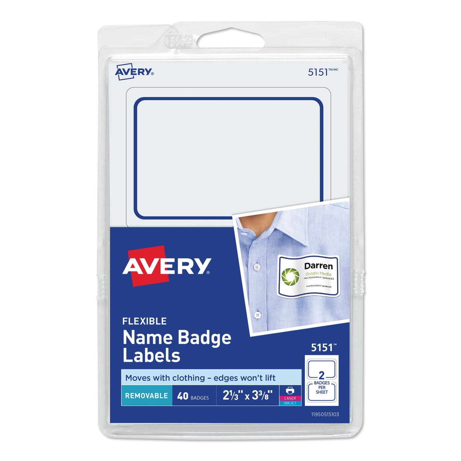 Avery® Flexible Adhesive Name Badge Labels, 3.38 X 2.33, White/blue Border, 40/pack
