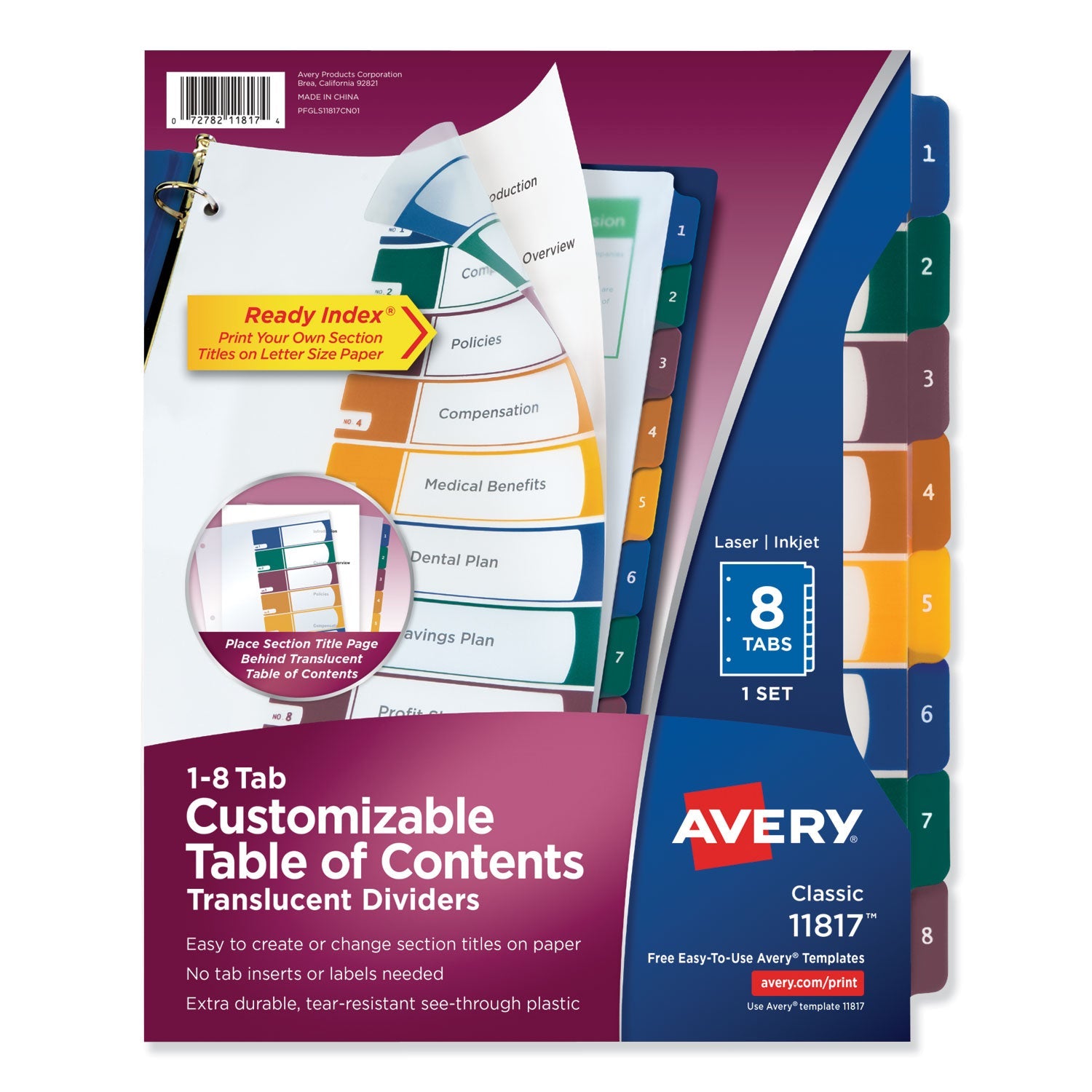 Avery® Customizable Table Of Contents Ready Index Dividers With Multicolor Tabs, 8-Tab, 1 To 8, 11 X 8.5, Translucent, 1 Set