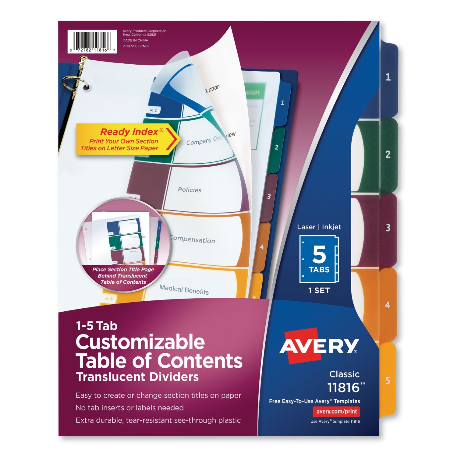 Avery® Customizable Table Of Contents Ready Index Dividers With Multicolor Tabs, 5-Tab, 1 To 5, 11 X 8.5, Translucent, 1 Set
