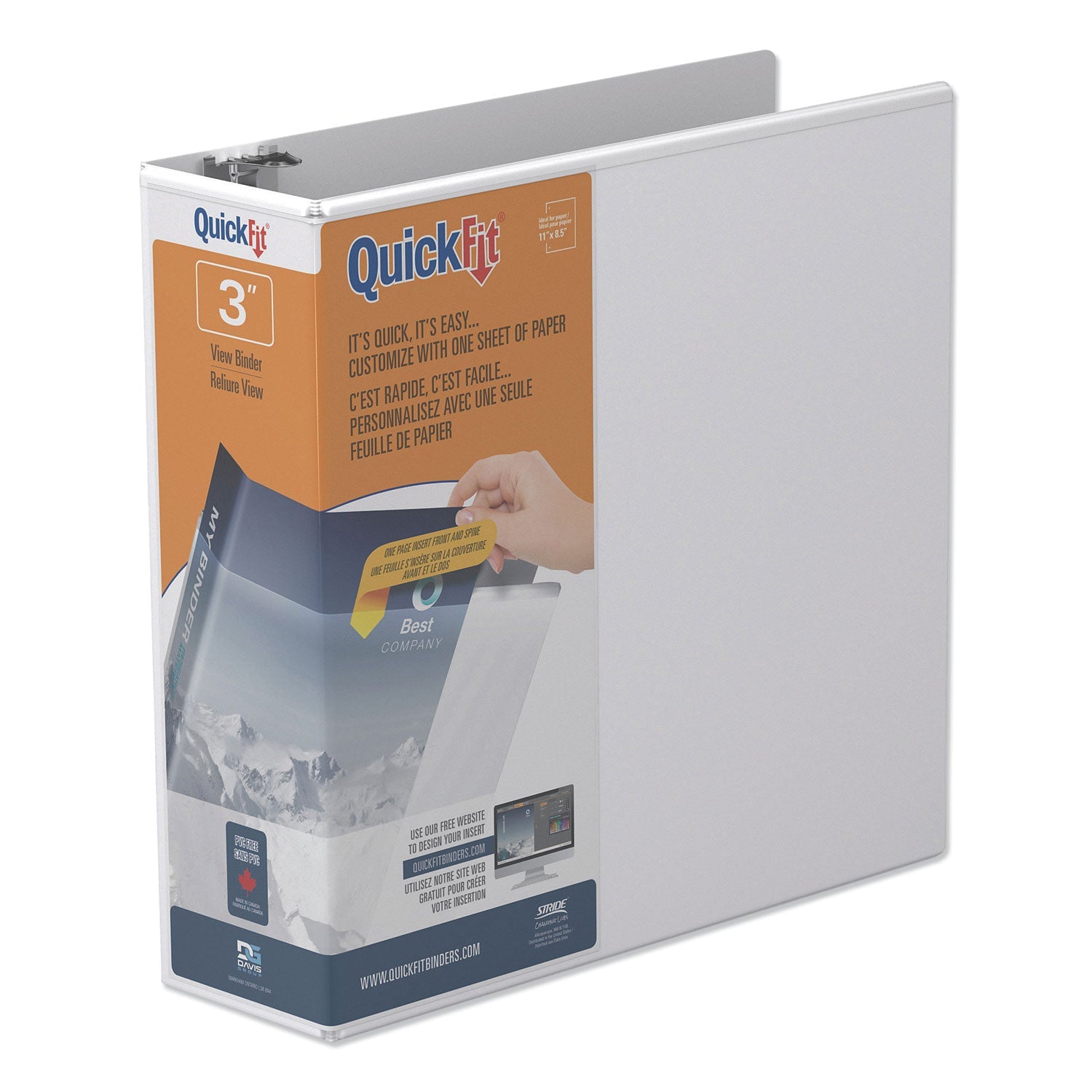 Stride Quickfit Round-Ring View Binder, 3 Rings, 3" Capacity, 11 X 8.5, White