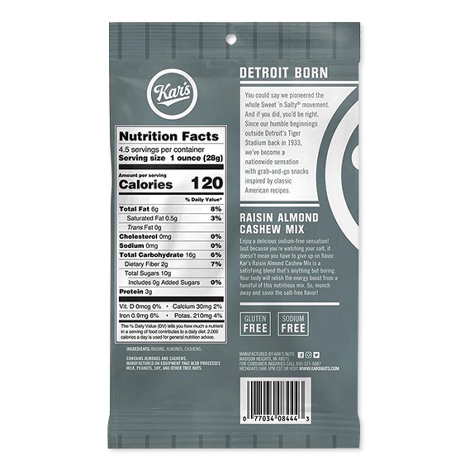 Kar's Fresh Harvest Trail Mix, Raisin Almond Cashew, 4.5 Oz Bag, 12/box