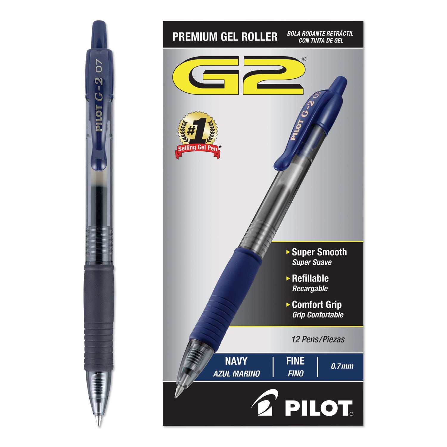 Pilot® G2 Premium Gel Pen, Retractable, Fine 0.7 mm, Navy Blue Ink, Smoke/Blue Barrel, Dozen