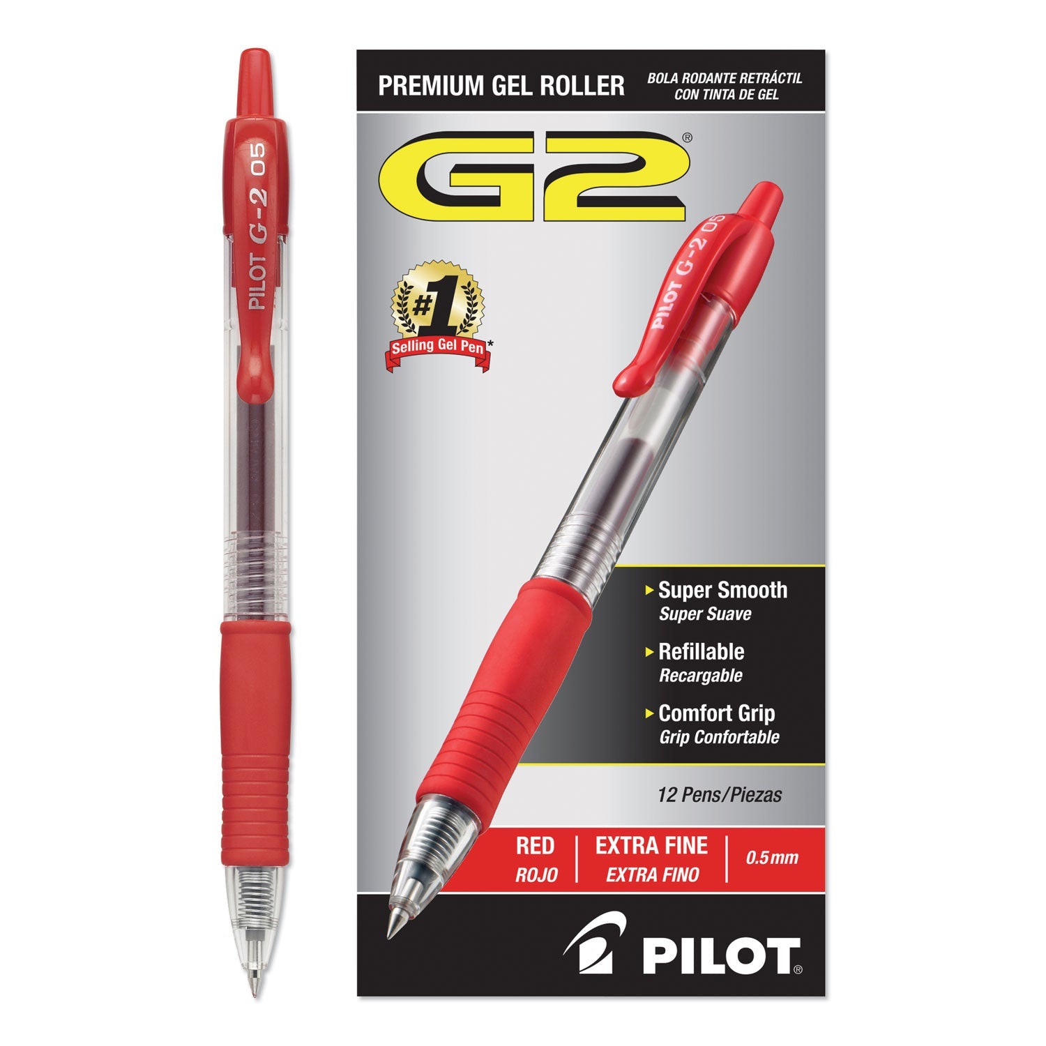 Pilot® G2 Premium Gel Pen, Retractable, Extra-Fine 0.5 mm, Red Ink, Smoke/Red Barrel, Dozen