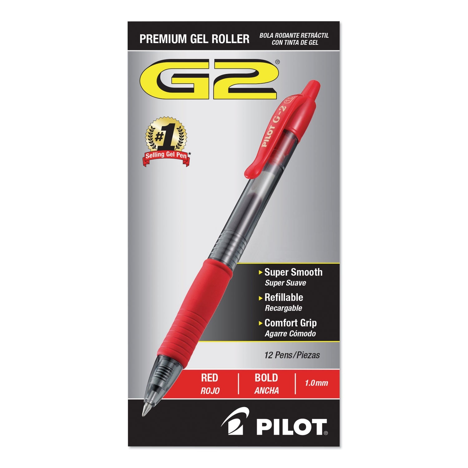 Pilot® G2 Premium Gel Pen, Retractable, Bold 1 mm, Red Ink, Smoke/Red Barrel, Dozen