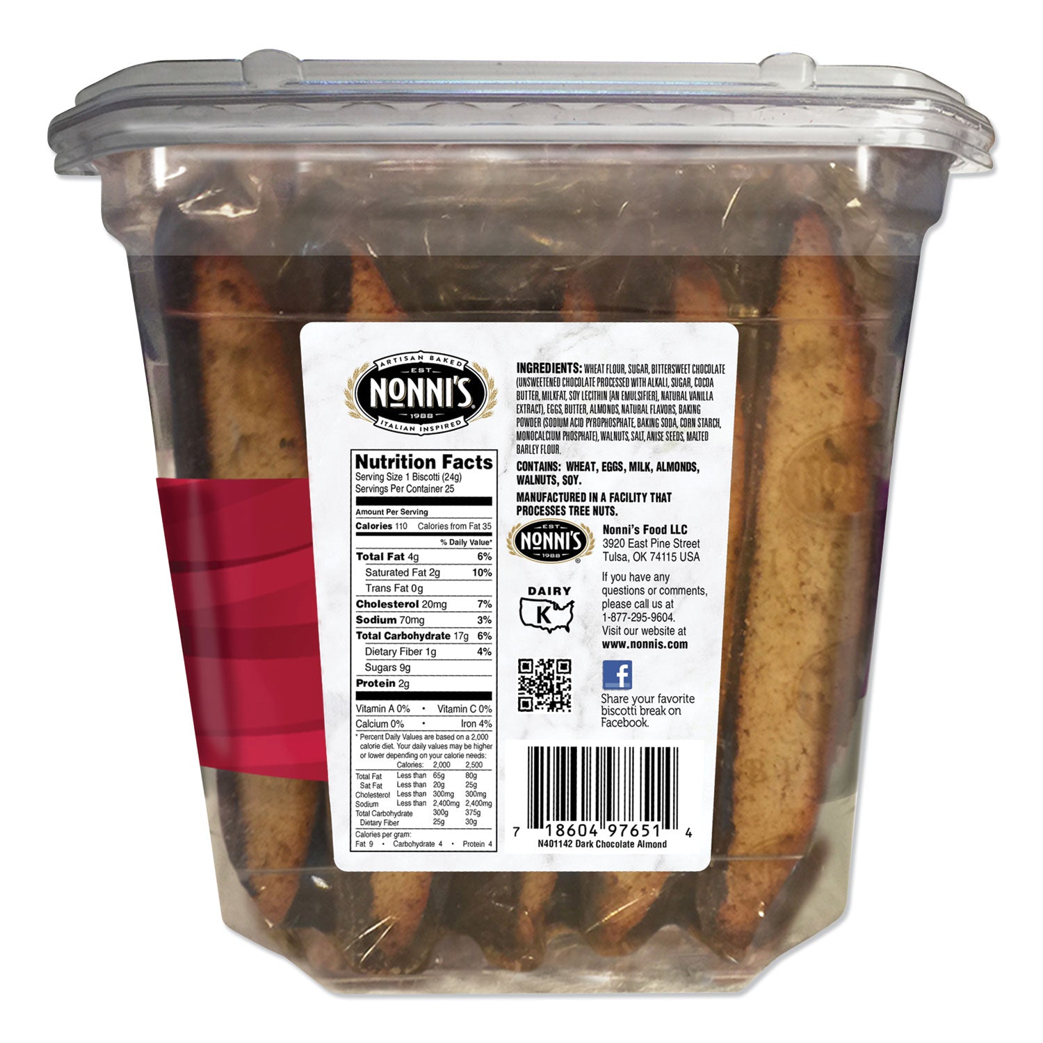 Nonni's® Biscotti, Dark Chocolate Almond, 0.85 Oz Individually Wrapped, 25/pack