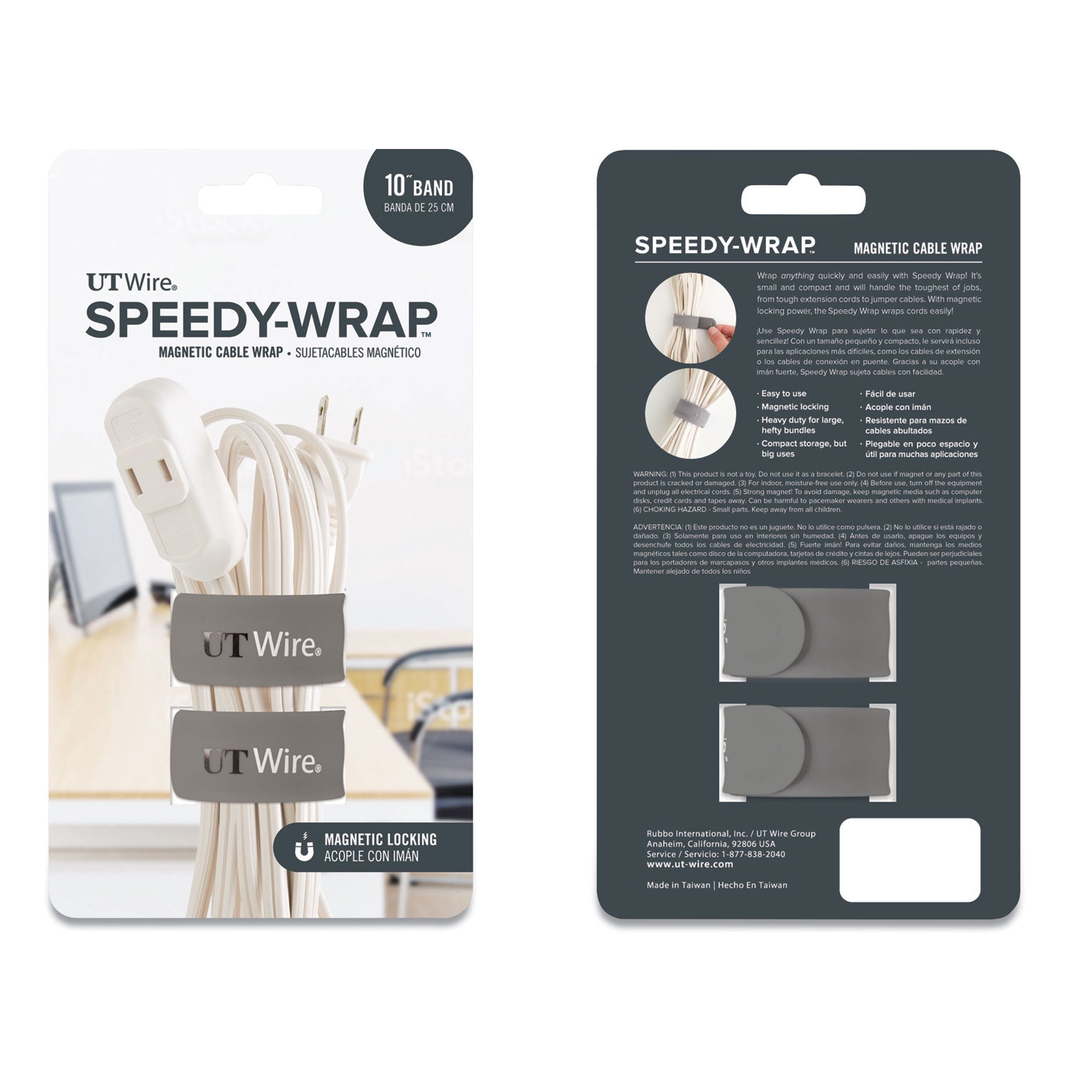 UT Wire® Speedy-Wrap Magnetic Cable Wrap, 0.82" X 10", Gray, 2/pack