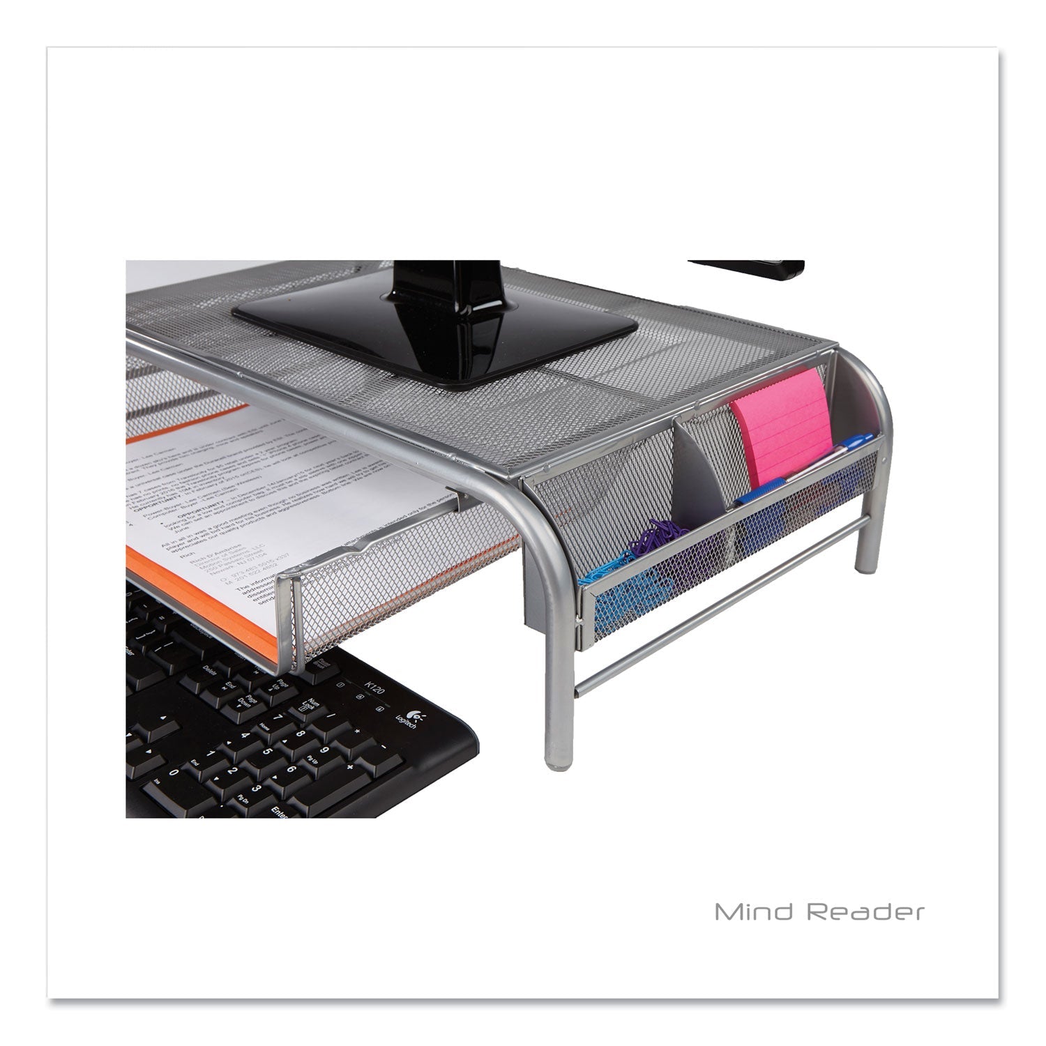 Mind Reader Raise Metal Mesh Monitor Stand With Drawer, 20" X 12" X 5.75", Silver, Supports 25 Lbs