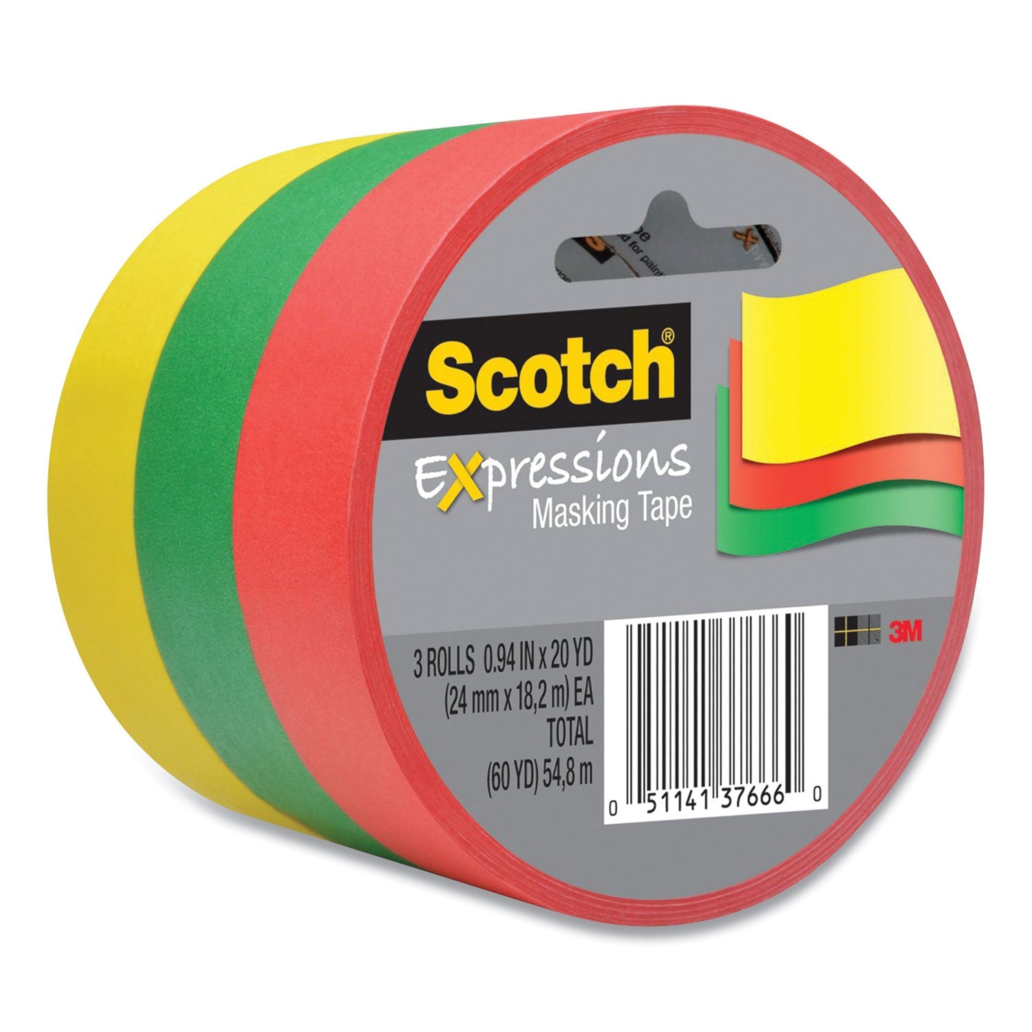 Scotch® Expressions Masking Tape, 3" Core, 0.94" X 20 Yds, Red, Green, Yellow, 3 Rolls/pack