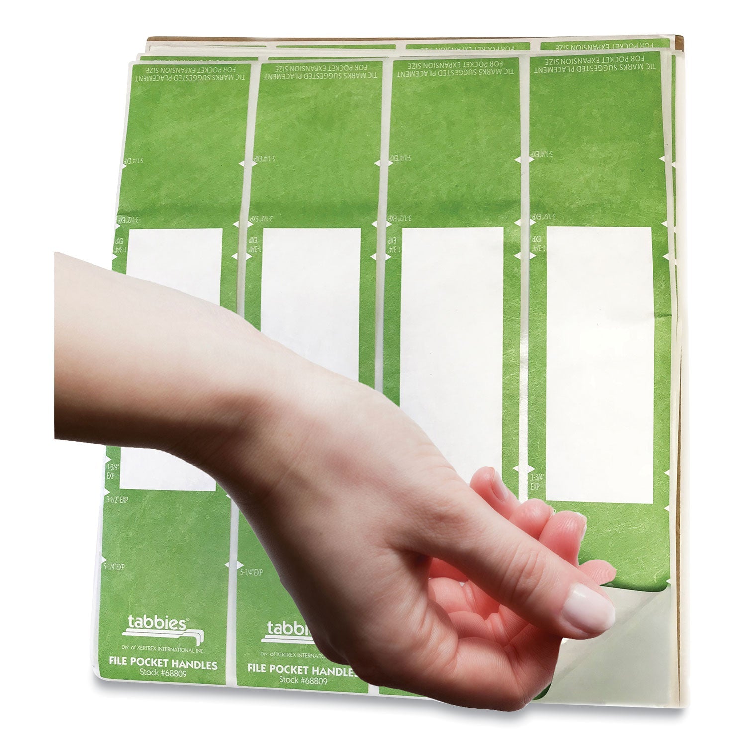 Tabbies® File Pocket Handles, 9.63 x 2, Green/White,  4/Sheet, 12 Sheets/Pack