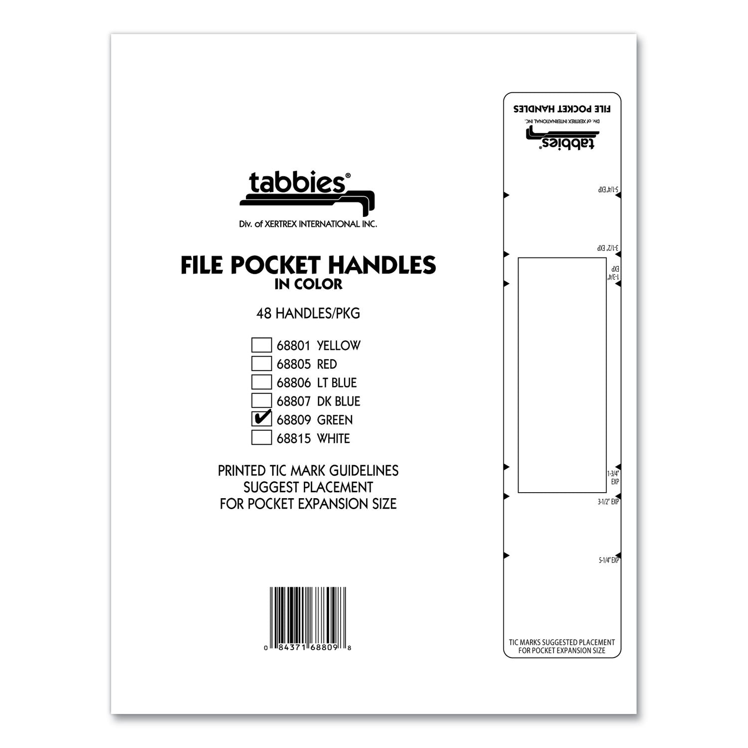 Tabbies® File Pocket Handles, 9.63 x 2, Green/White,  4/Sheet, 12 Sheets/Pack