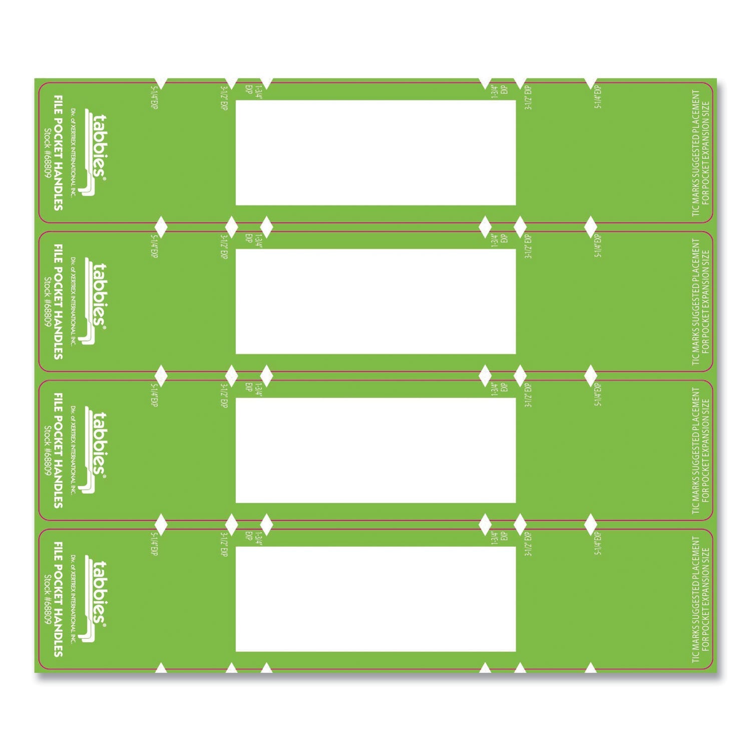 Tabbies® File Pocket Handles, 9.63 x 2, Green/White,  4/Sheet, 12 Sheets/Pack