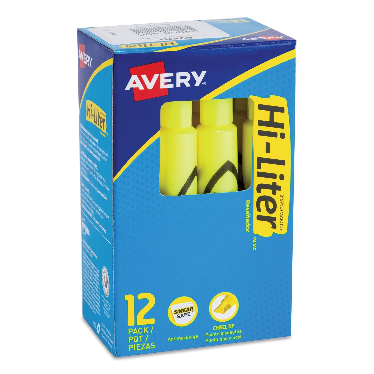 Avery® Hi-Liter Desk-Style Highlighters, Fluorescent Yellow Ink, Chisel Tip, Yellow/black Barrel, Dozen