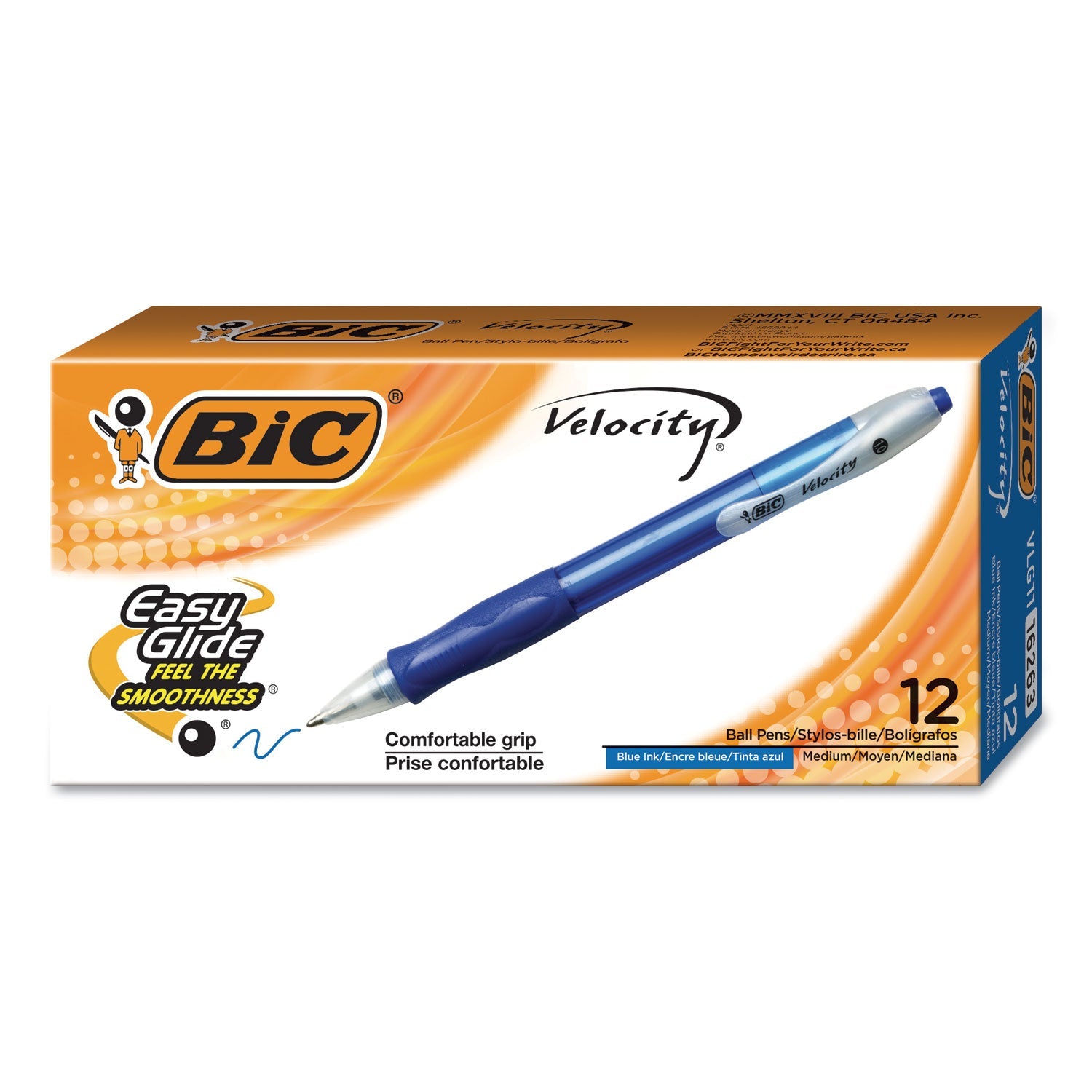 BIC® Velocity Easy Glide Ballpoint Pen, Retractable, Medium 1 Mm, Blue Ink, Translucent Blue Barrel, Dozen