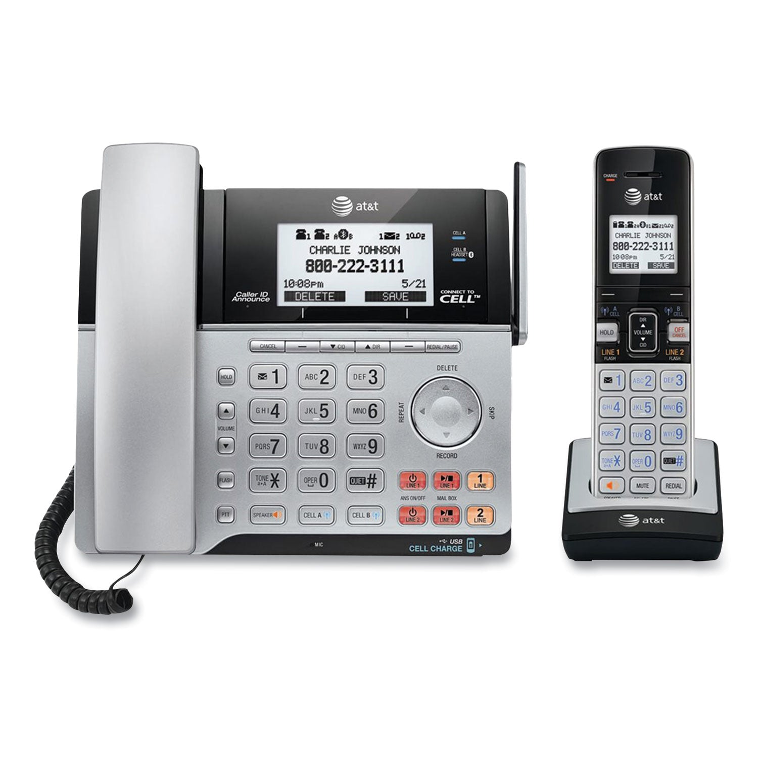 AT&T® Connect To Cell Tl86103 Two-Line Corded/cordless Phone, Corded Base Station And 1 Additional Handset, Black/silver