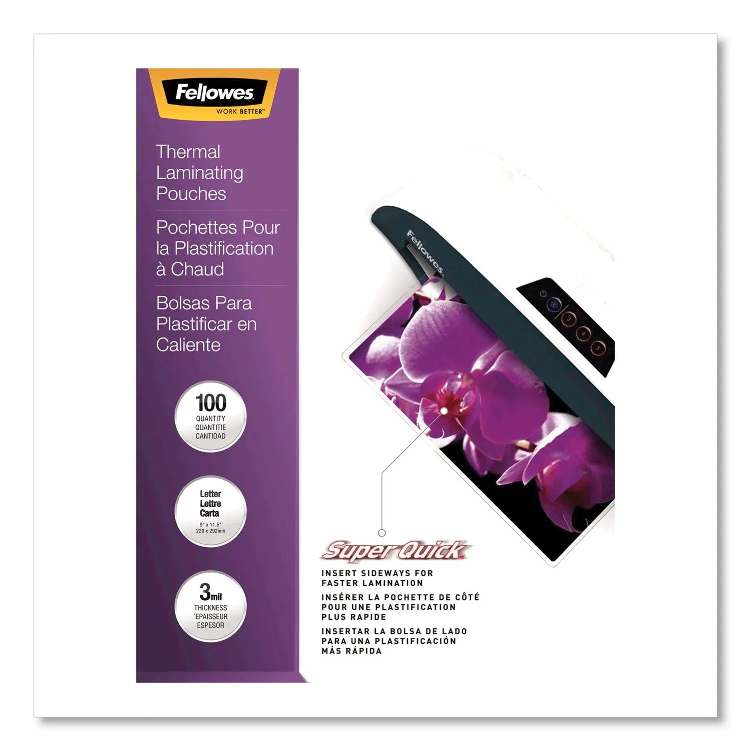 Fellowes® Superquick Thermal Laminating Pouches, 3 Mil, 9" X 11.5", Gloss Clear, 100/pack