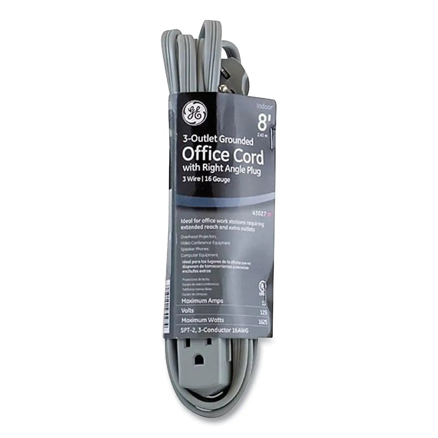 GE Power Strip, 3 Outlets, 8 ft Cord, Gray