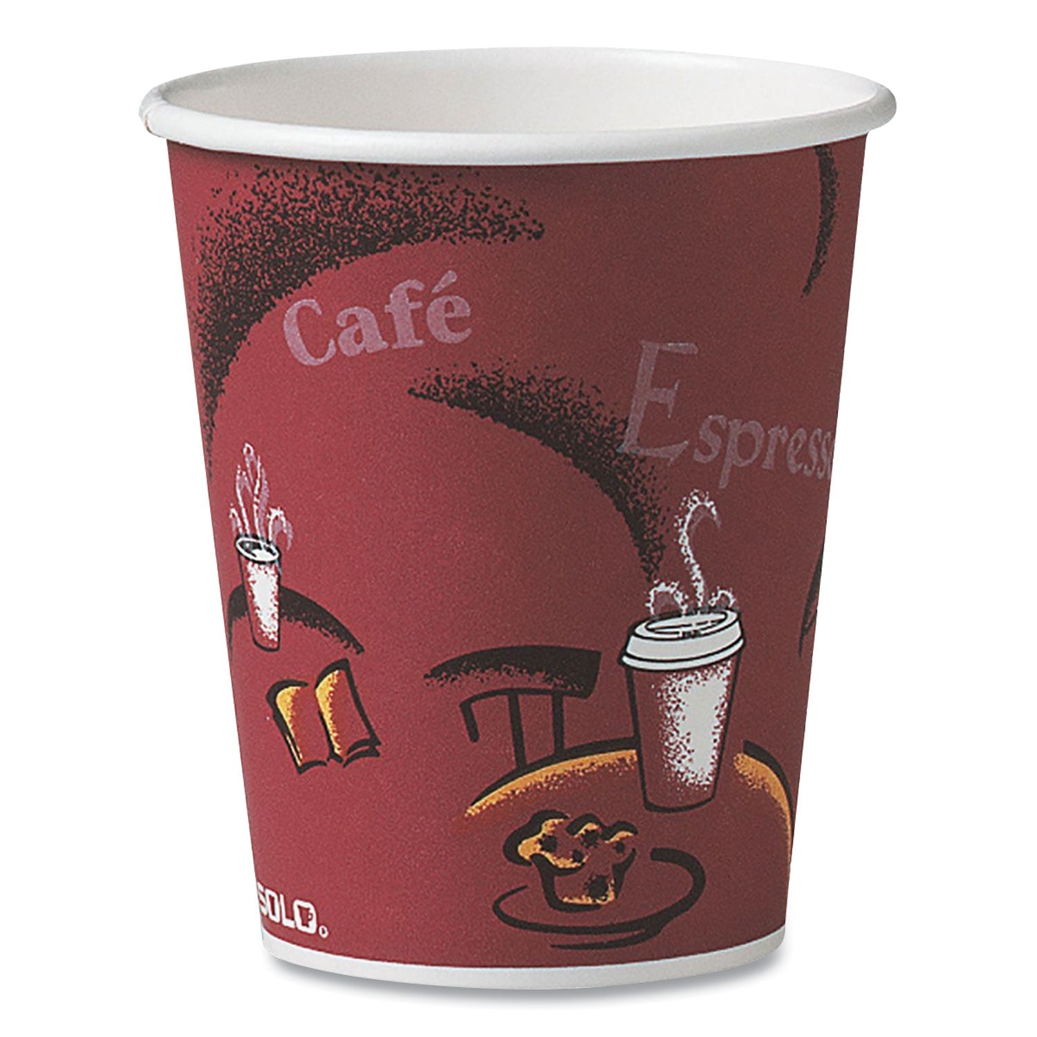 SOLO® Paper Hot Drink Cups in Bistro Design, 3.35" Diameter x 3.82" h, 10 oz, Maroon, 1,000/Carton