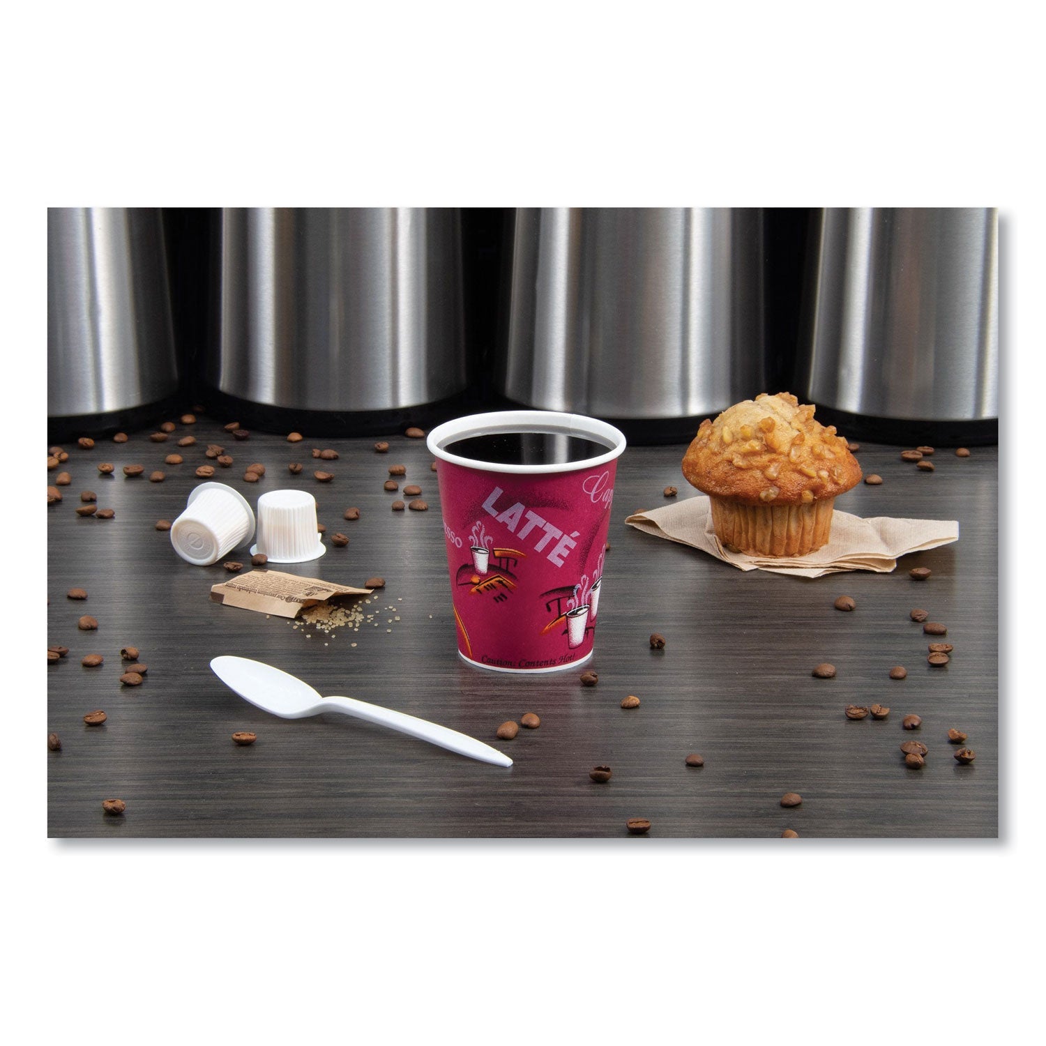 SOLO® Paper Hot Drink Cups in Bistro Design, 3.35" Diameter x 3.82" h, 10 oz, Maroon, 1,000/Carton