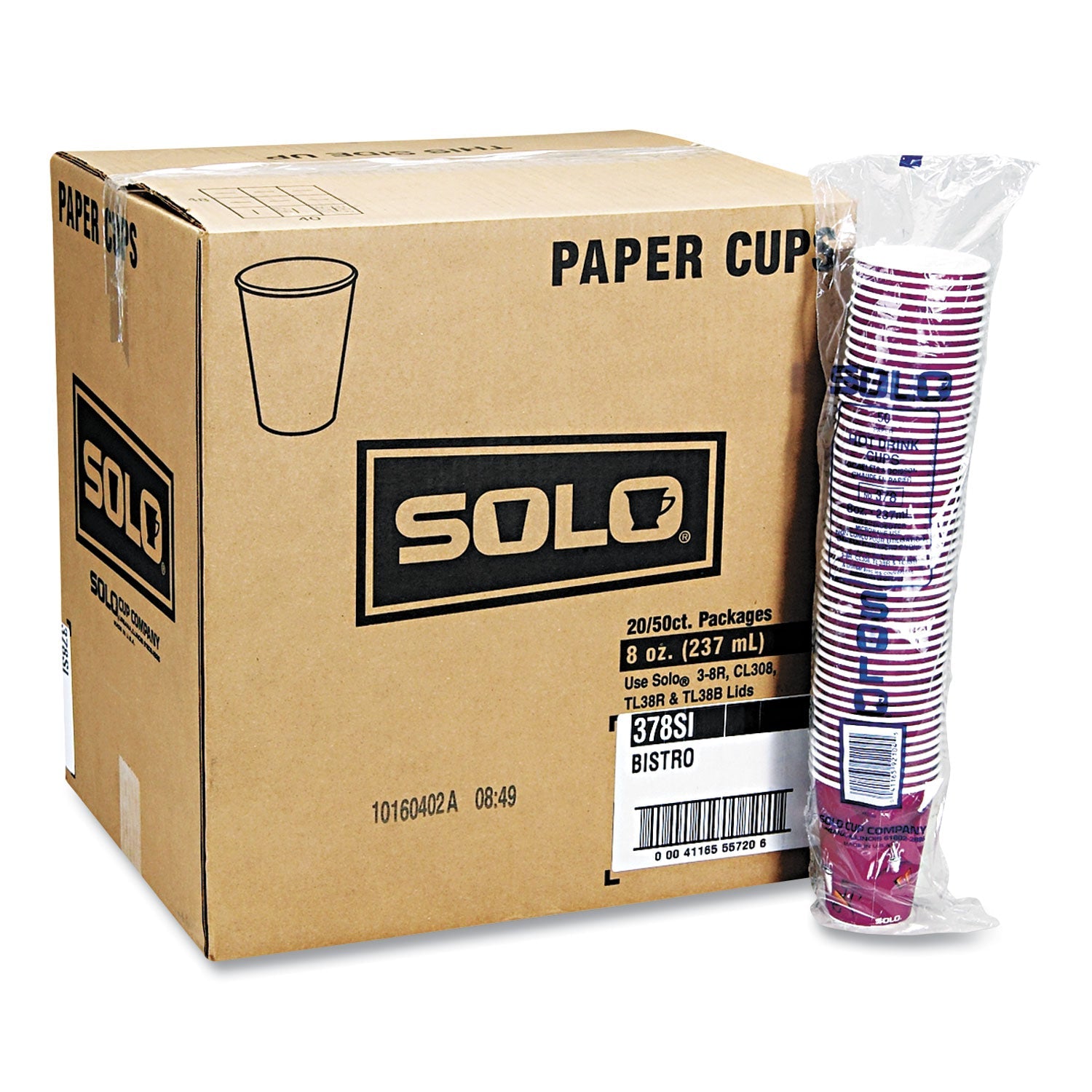 SOLO® Paper Hot Drink Cups in Bistro Design, 3.35" Diameter x 3.82" h, 10 oz, Maroon, 1,000/Carton