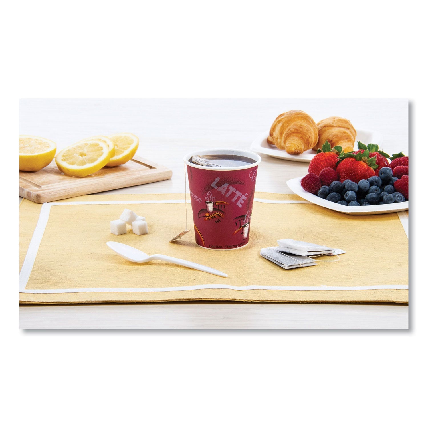SOLO® Paper Hot Drink Cups in Bistro Design, 3.35" Diameter x 3.82" h, 10 oz, Maroon, 1,000/Carton