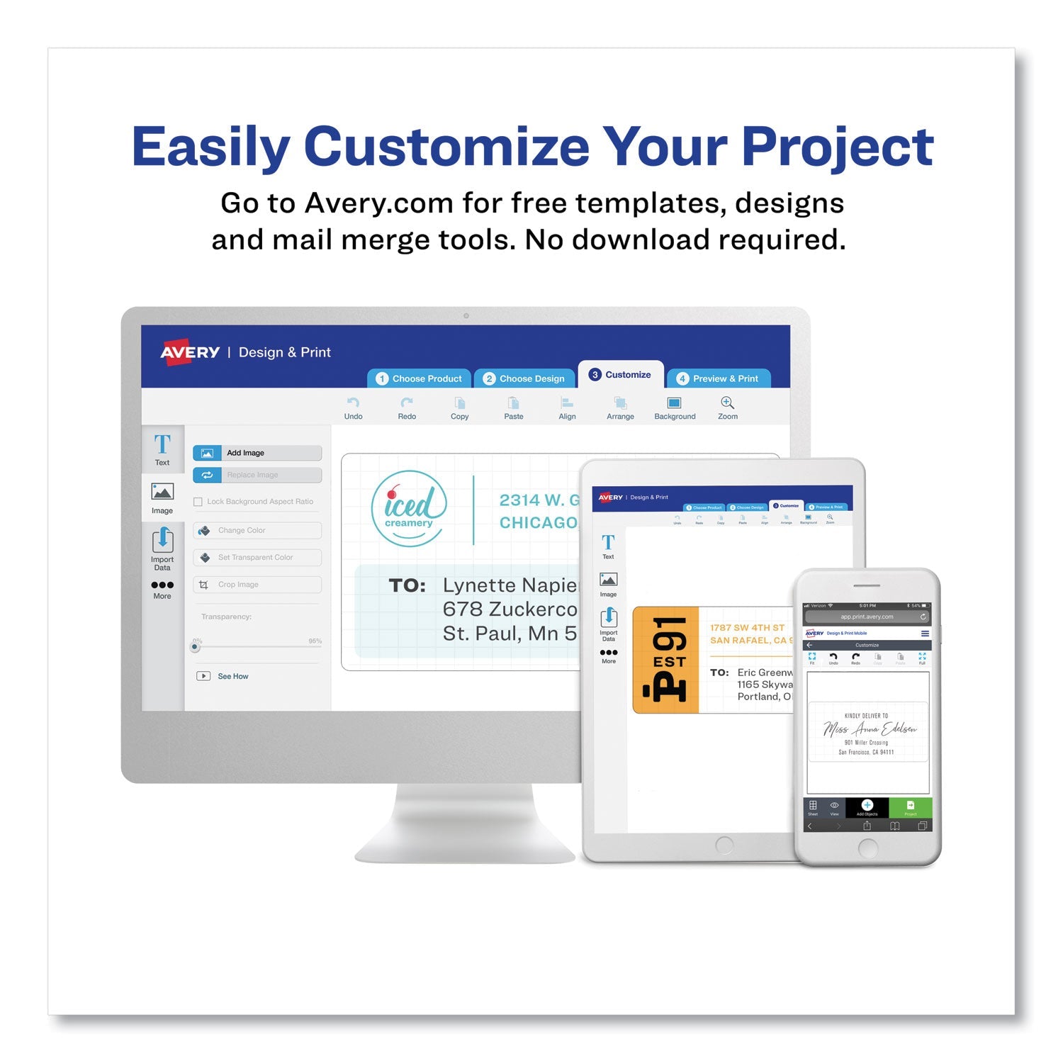 Avery® Easy Peel White Address Labels W/ Sure Feed Technology, Laser Printers, 1 X 4, White, 20/sheet, 100 Sheets/box