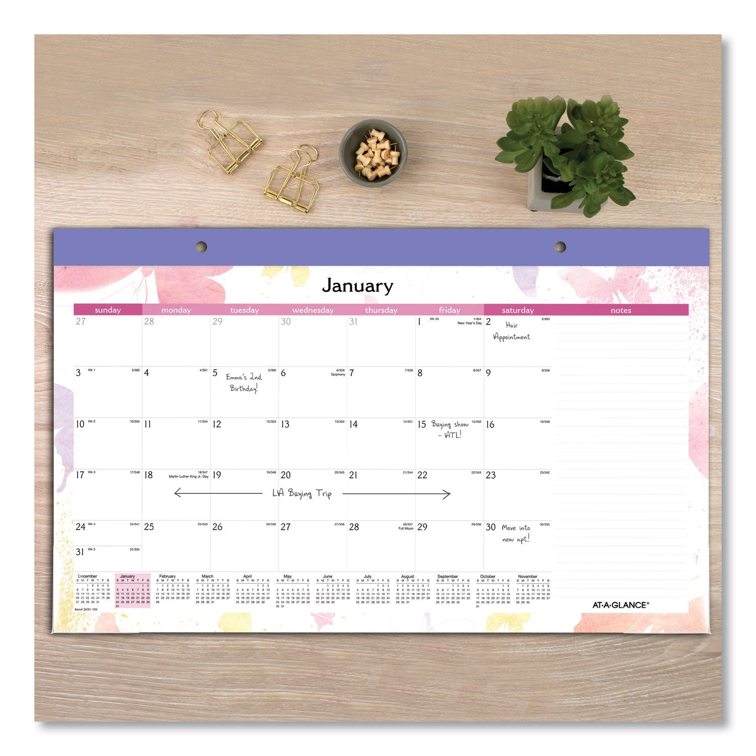 AT-A-GLANCE® Watercolors Monthly Desk Pad Calendar, Butterfly Artwork, 17.75 x 11, White Sheets, Purple Binding, 12-Month (Jan-Dec): 2025 - Bloom Skins