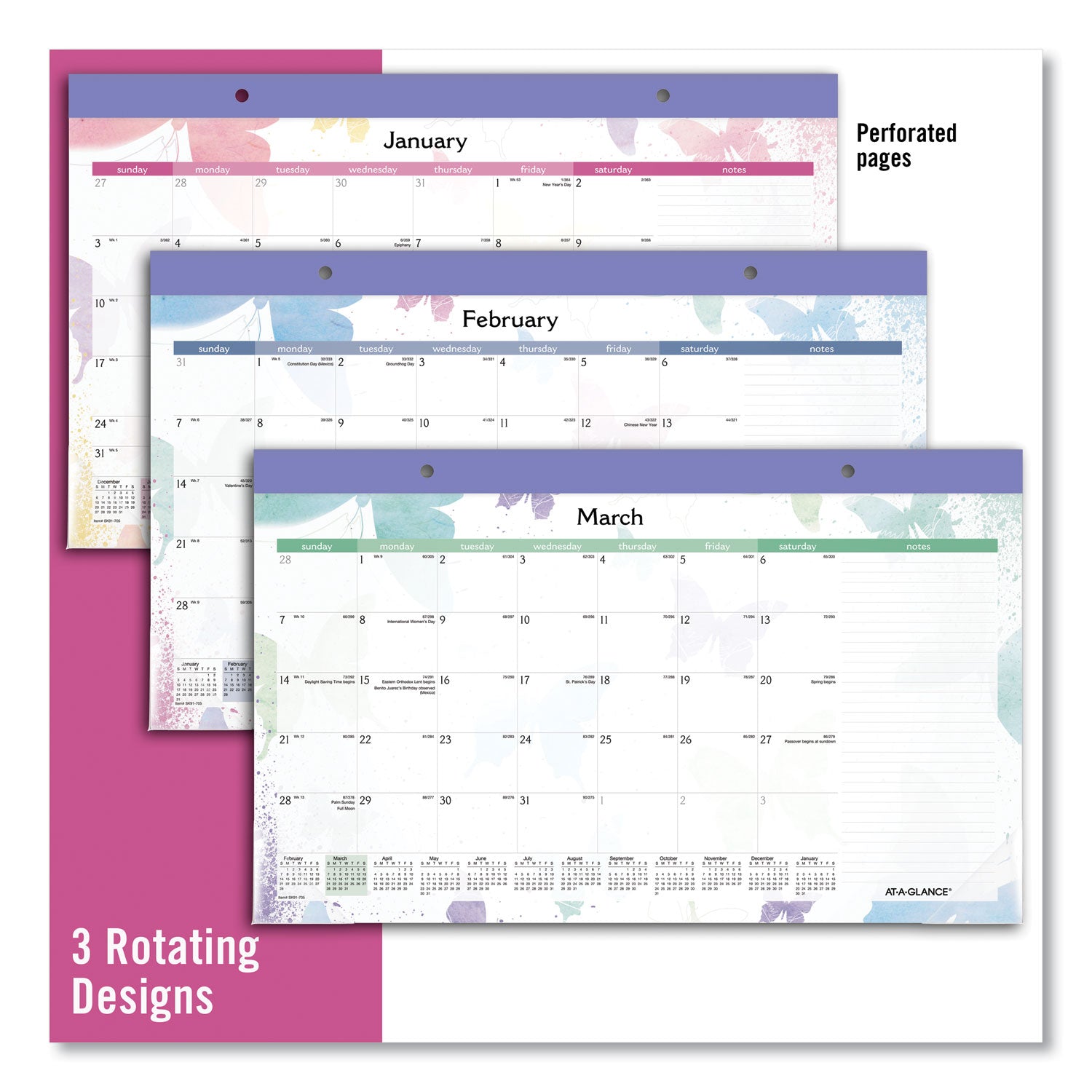 AT-A-GLANCE® Watercolors Monthly Desk Pad Calendar, Butterfly Artwork, 17.75 x 11, White Sheets, Purple Binding, 12-Month (Jan-Dec): 2025 - Bloom Skins
