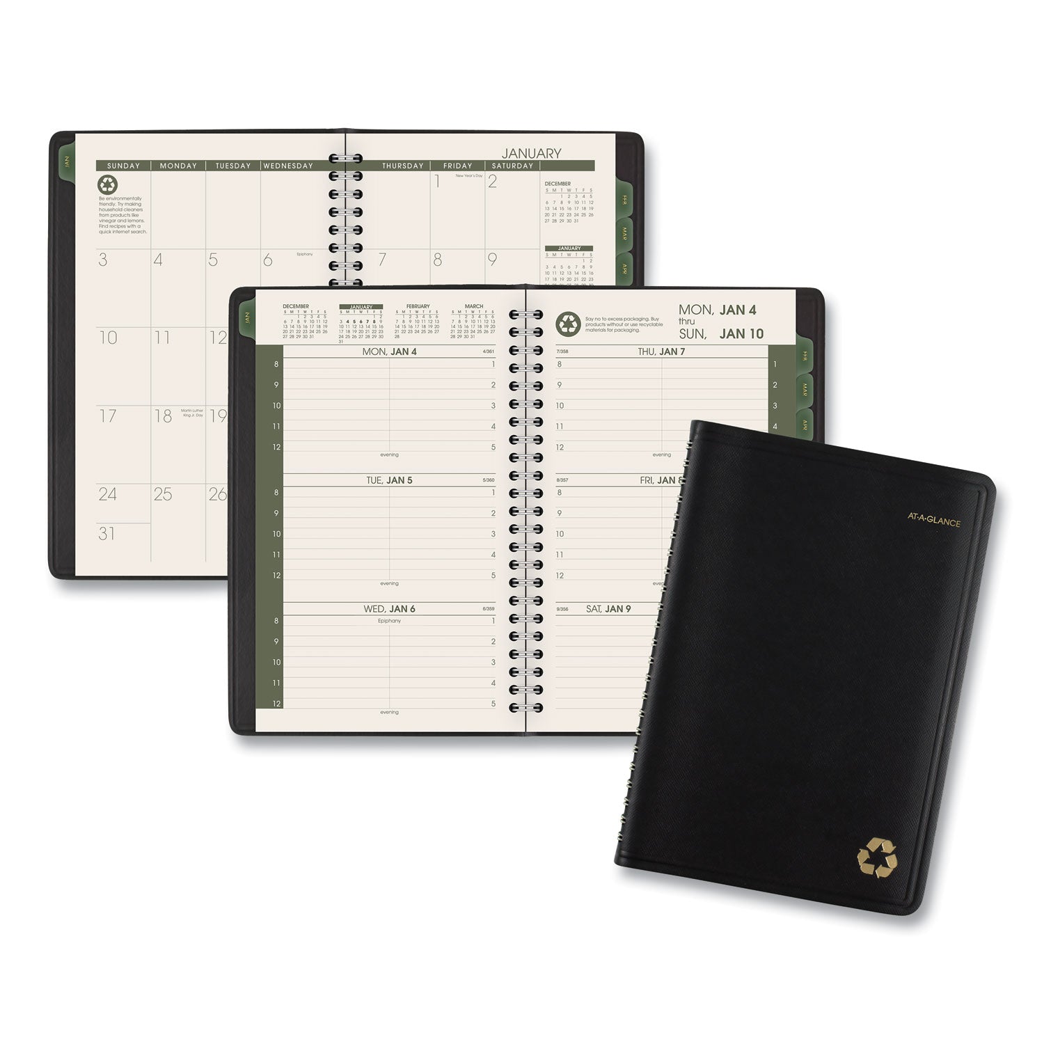 AT-A-GLANCE® Recycled Weekly Block Format Appointment Book, 8.5 x 5.5, Black Cover, 12-Month (Jan to Dec): 2025