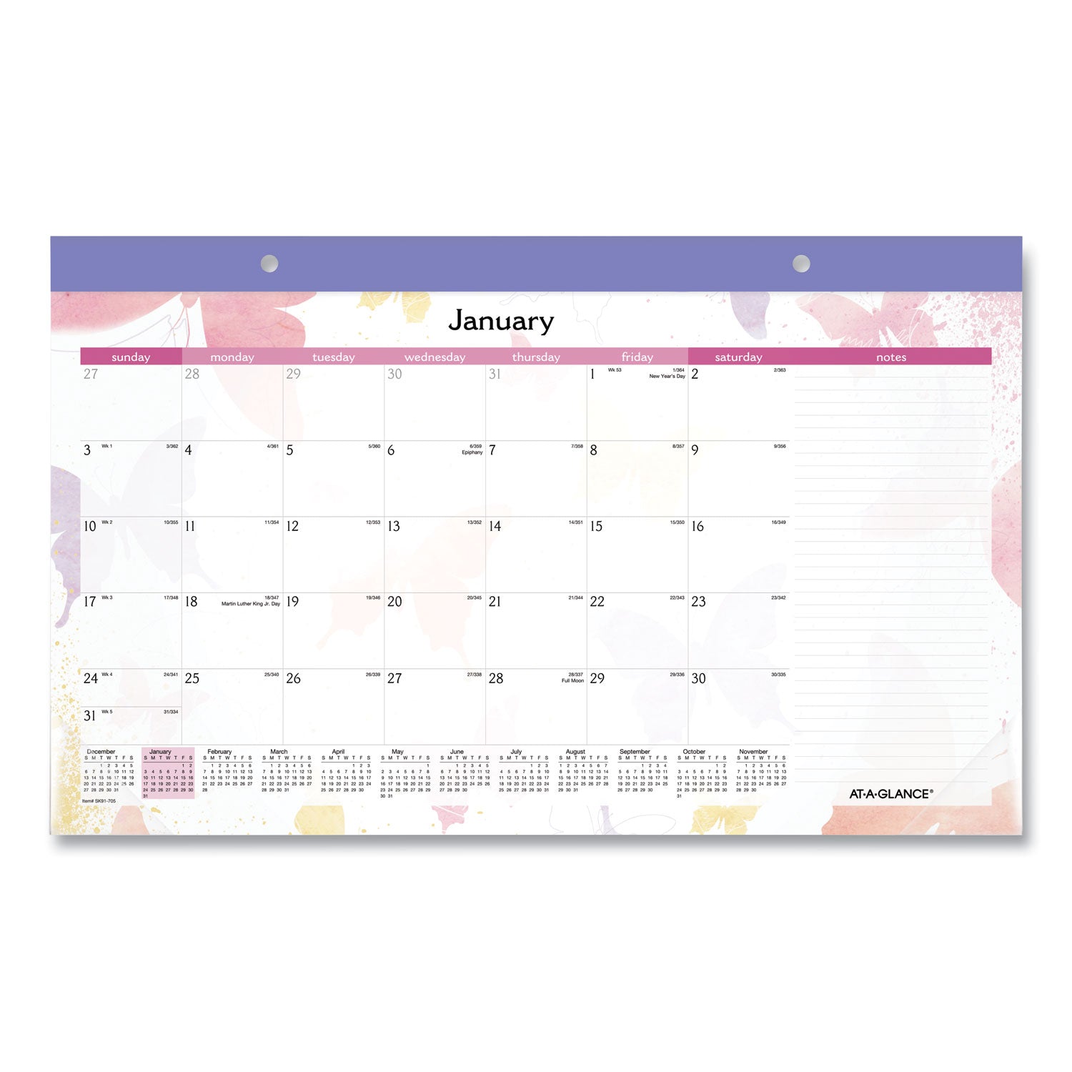 AT-A-GLANCE® Watercolors Monthly Desk Pad Calendar, Butterfly Artwork, 17.75 x 11, White Sheets, Purple Binding, 12-Month (Jan-Dec): 2025 - Bloom Skins