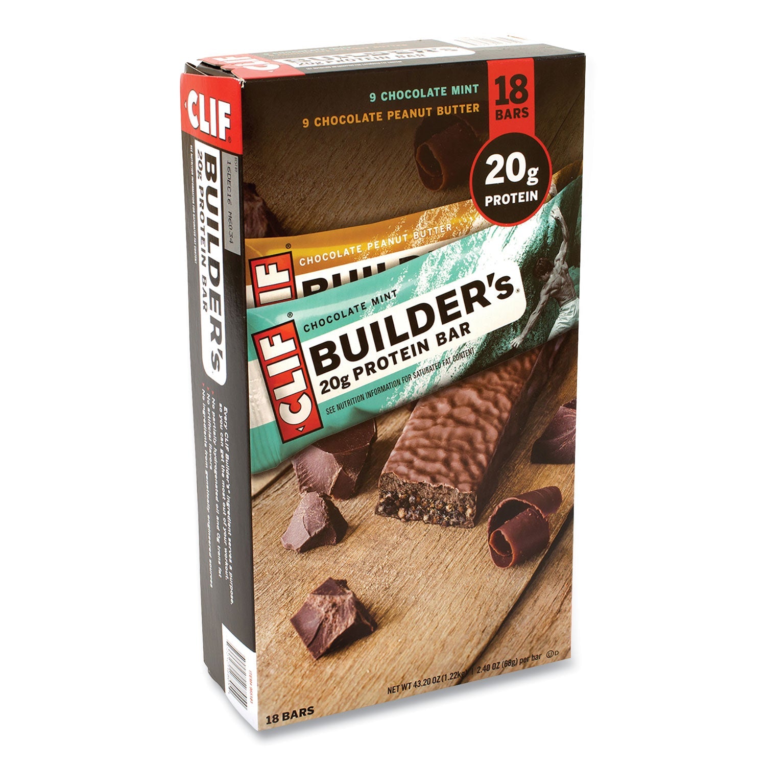 CLIF® Bar Builders Protein Bar, Chocolate Mint/Chocolate Peanut Butter, 2.4 oz Bar, 18 Bars/Box - Bloom Skins