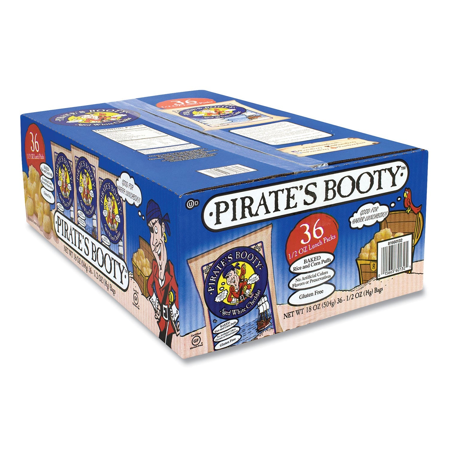 Pirate's Booty® Puffs, Aged White Cheddar, 0.5 oz Bag, 36/Box