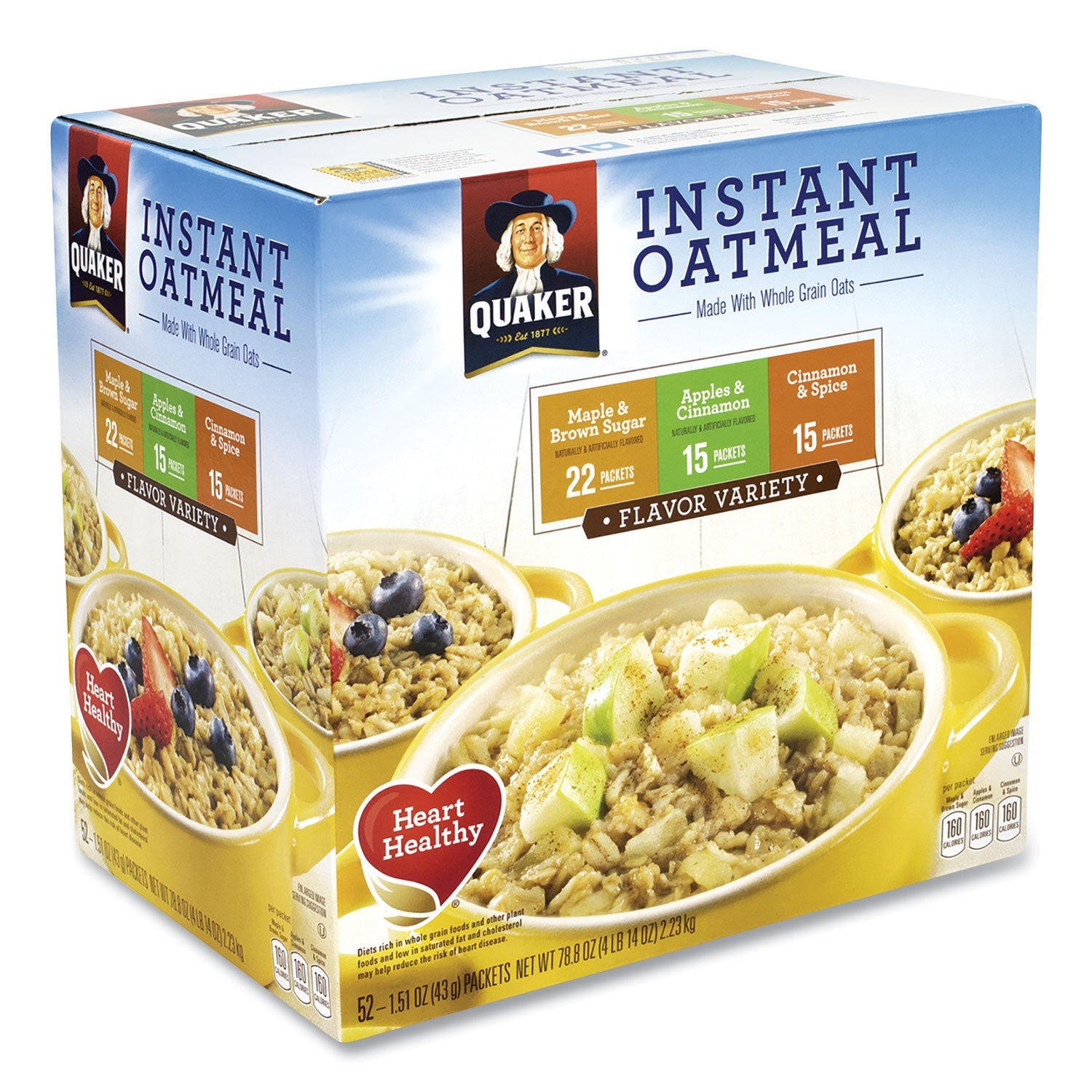 Quaker® Instant Oatmeal, Assorted Varieties, 1.51 oz Envelope, 52/Carton