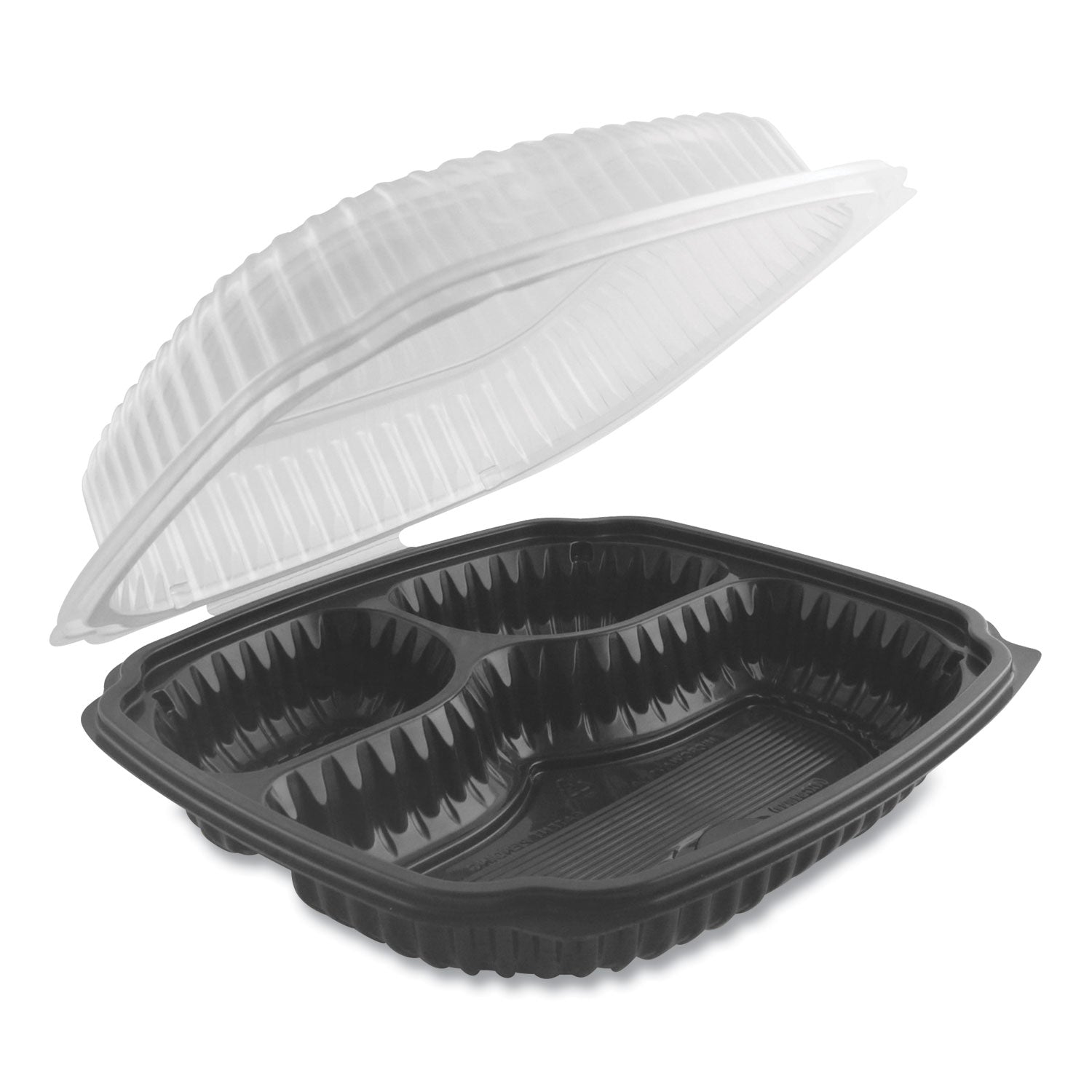 Anchor Packaging Culinary Lites Microwavable 3-Compartment Container, 20 oz/5 oz/5 oz, 9 x 9 x 3.13, Clear/Black, Plastic, 100/Carton