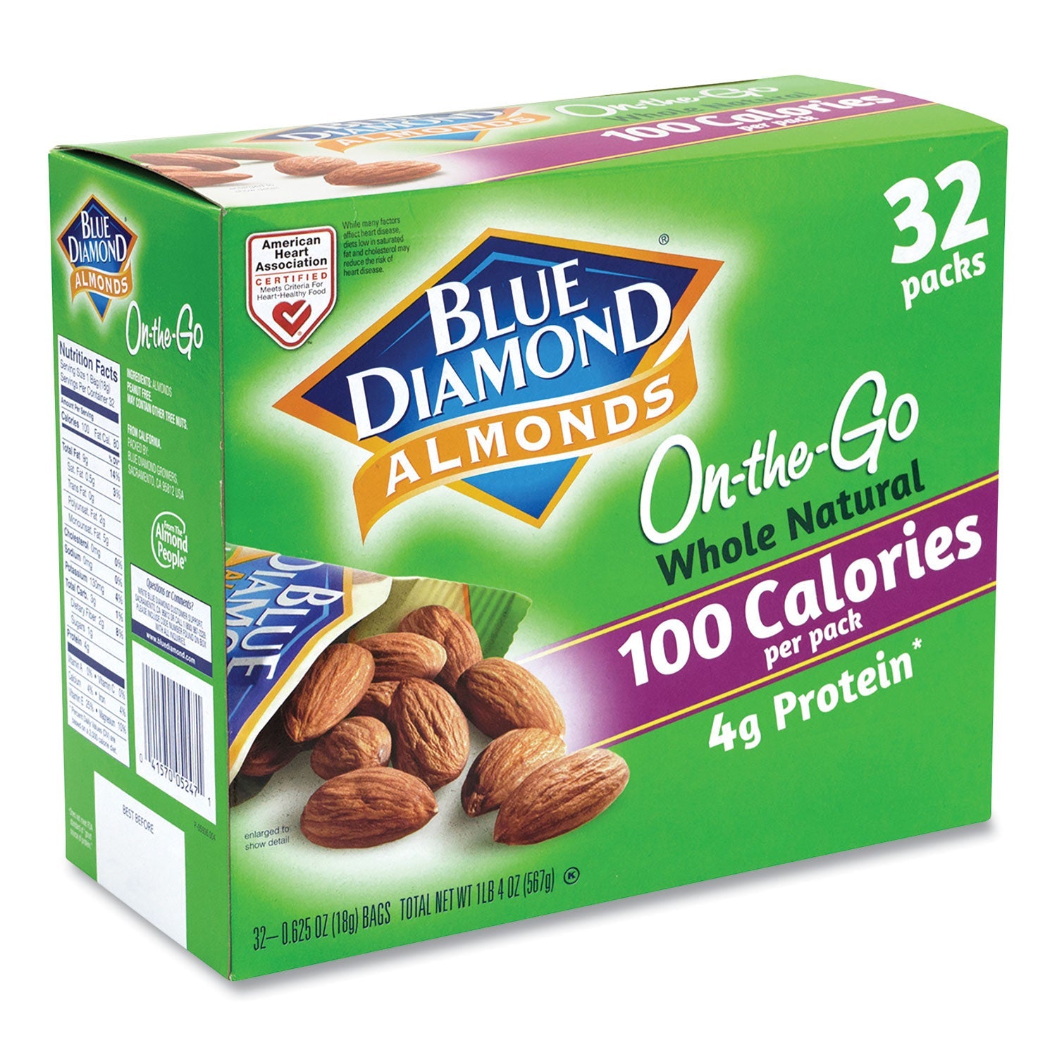 Blue Diamond® Whole Natural Almonds On-the-Go, 0.63 oz Pouch, 32 Pouches/Carton