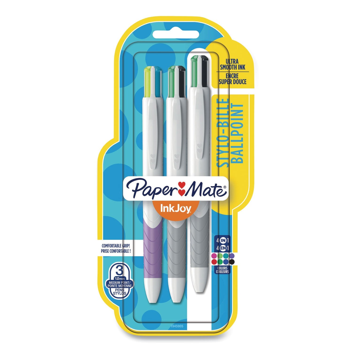 Paper Mate® InkJoy Quatro Multi-Color Ballpoint Pen, Retractable, Medium 1 mm, Assorted Business/Fashion Ink and Barrel Colors, 3/Pack