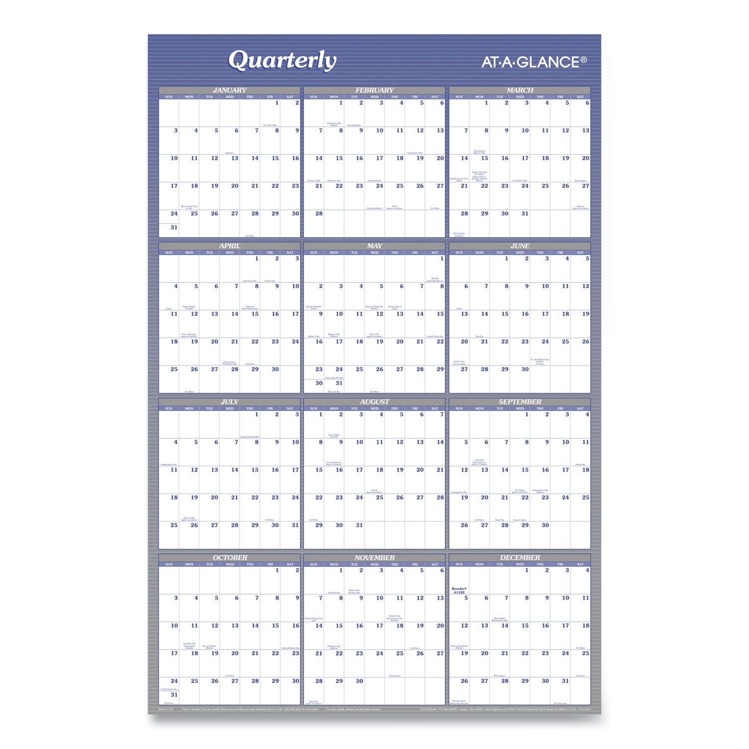 AT-A-GLANCE® Vertical/Horizontal Erasable Quarterly/Monthly Wall Planner, 24 x 36, White/Blue Sheets, 12-Month (Jan to Dec): 2025