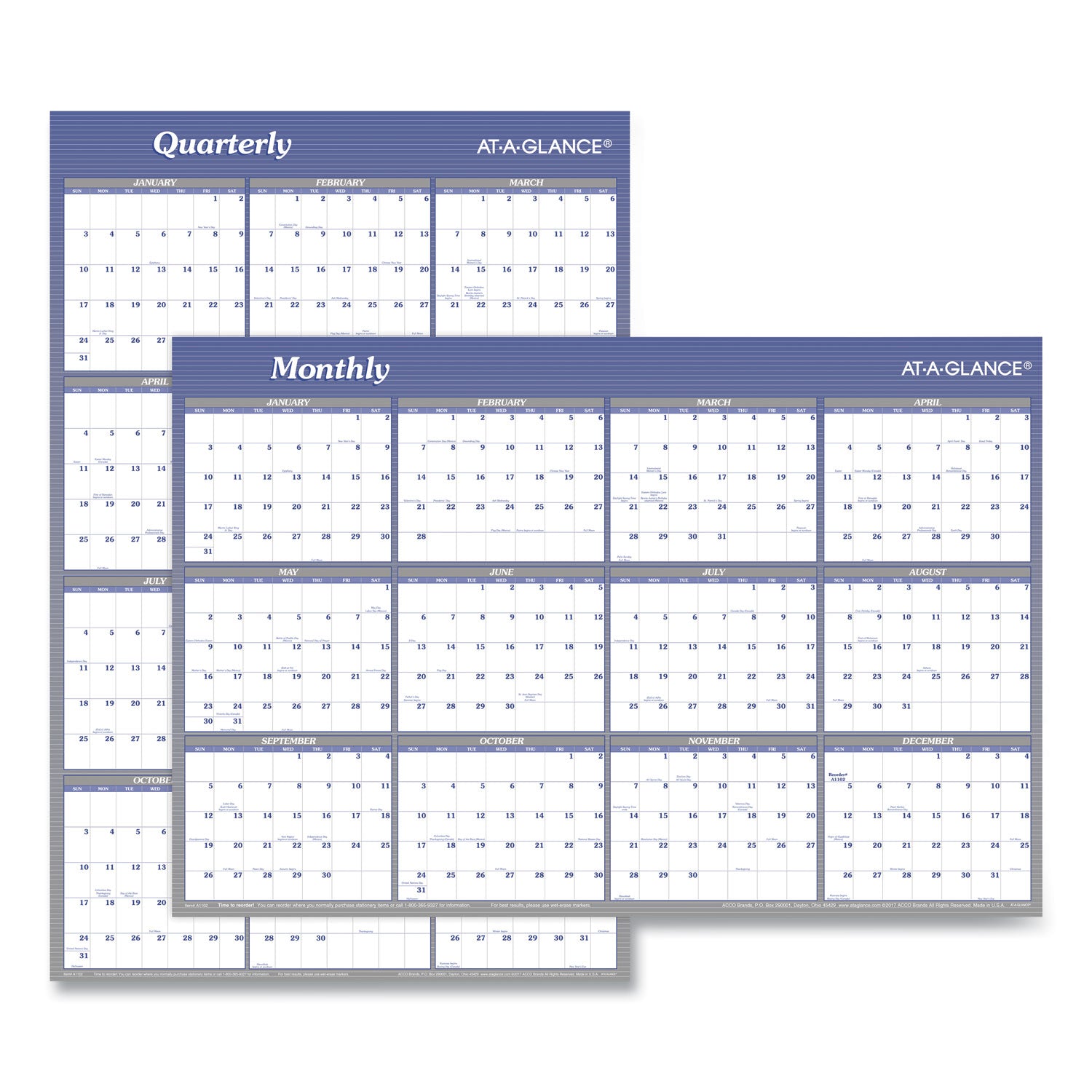 AT-A-GLANCE® Vertical/Horizontal Erasable Quarterly/Monthly Wall Planner, 24 x 36, White/Blue Sheets, 12-Month (Jan to Dec): 2025