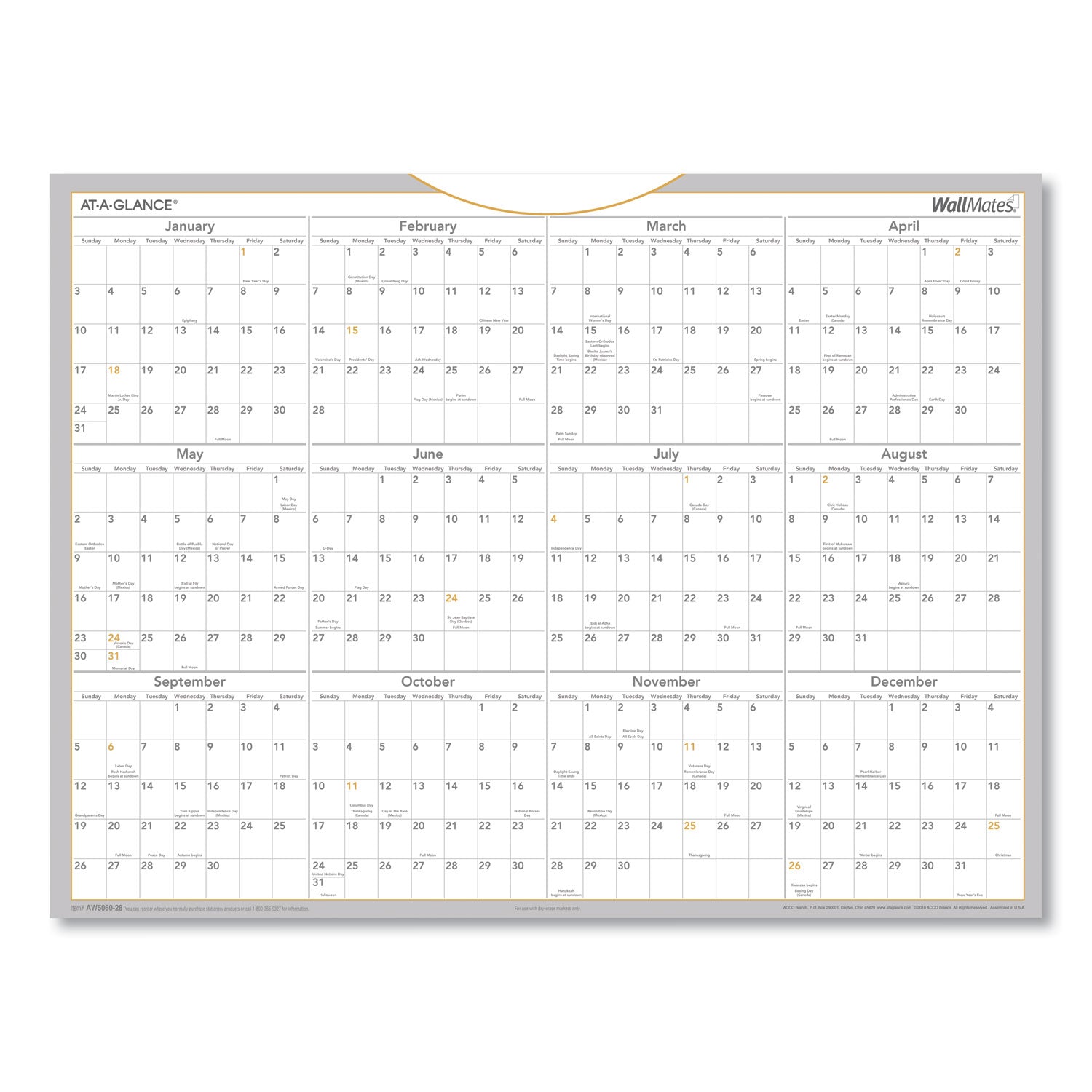 AT-A-GLANCE® WallMates Self-Adhesive Dry Erase Yearly Planning Surfaces, 24 x 18, White/Gray/Orange Sheets, 12-Month (Jan to Dec): 2025
