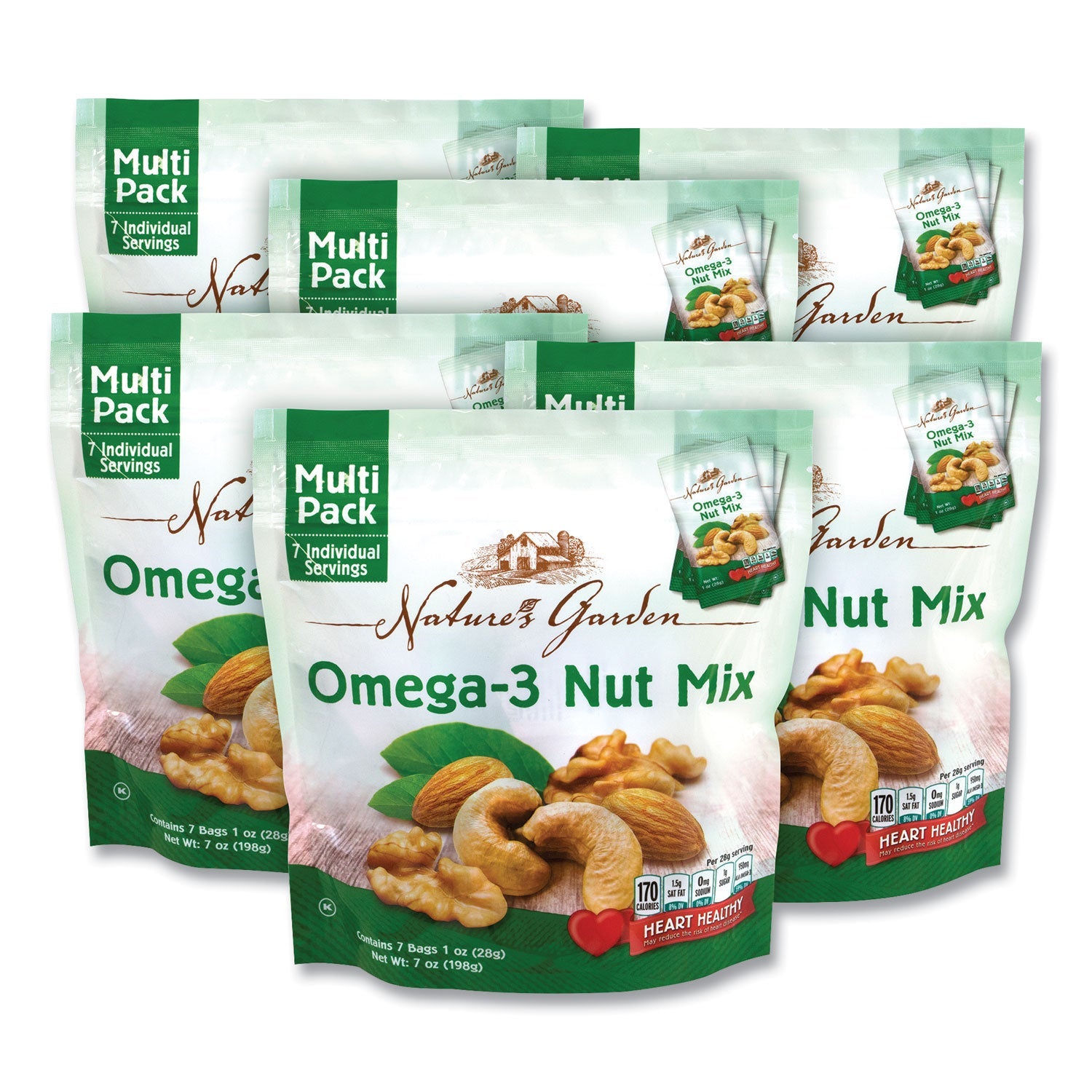 Nature's Garden Omega-3 Nut Mix, 1 oz Pouch, 7 Pouches/Pack, 6 Packs/Carton