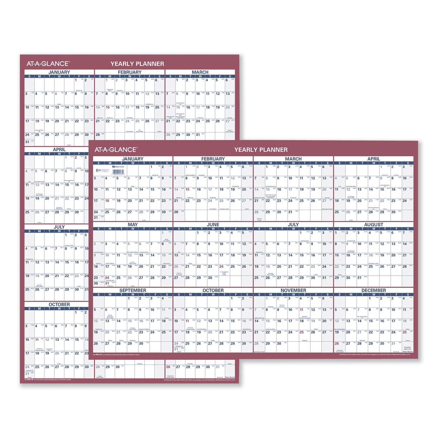 AT-A-GLANCE® Vertical/Horizontal Wall Calendar, 24 x 36, White/Blue/Red Sheets, 12-Month (Jan to Dec): 2025