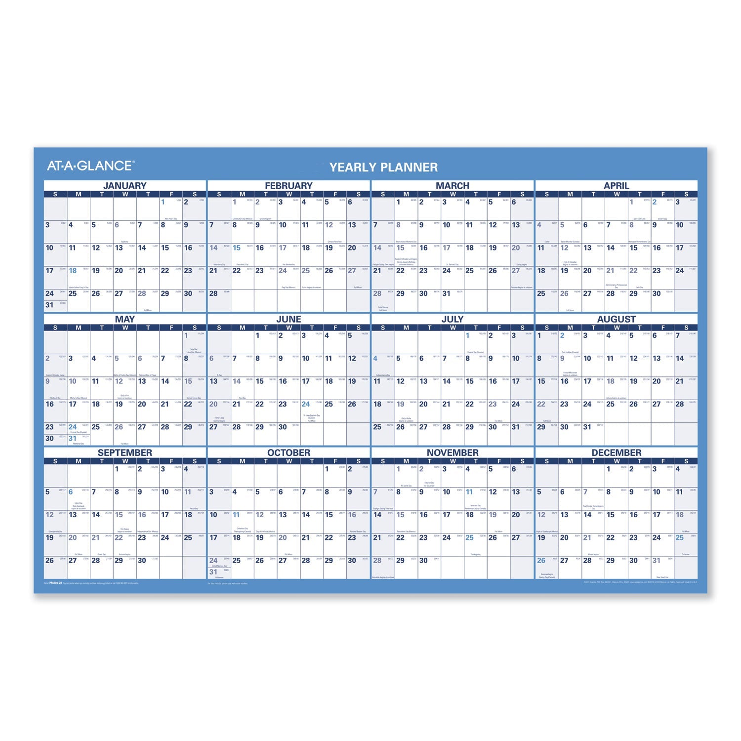AT-A-GLANCE® Horizontal Reversible/Erasable Wall Planner, 36 x 24, White/Blue Sheets, 12-Month (Jan to Dec): 2025