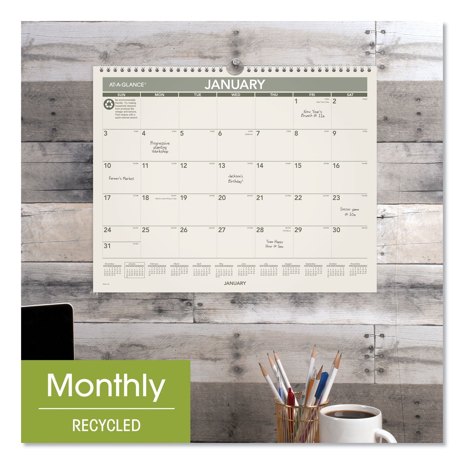 AT-A-GLANCE® Recycled Wall Calendar, Unruled Blocks, 15 x 12, Sand/Green Sheets, 12-Month (Jan to Dec): 2025