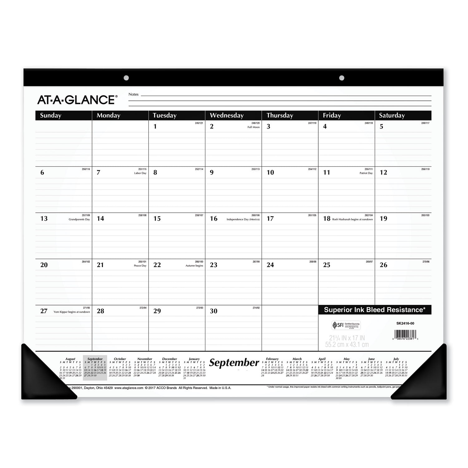AT-A-GLANCE® Academic Year Ruled Desk Pad, 21.75 x 17, White Sheets, Black Binding, Black Corners, 16-Month (Sept to Dec): 2024 to 2025
