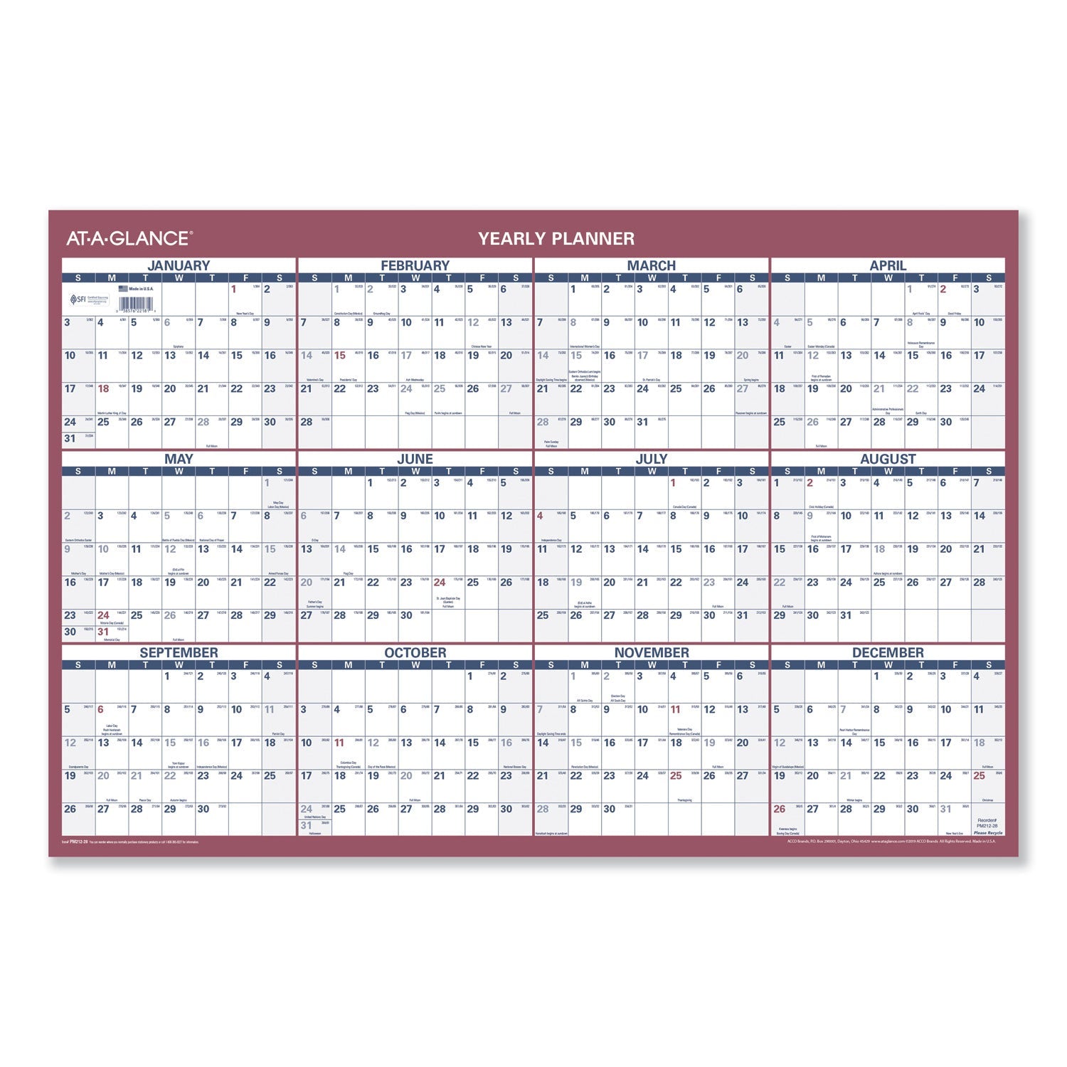 AT-A-GLANCE® Vertical/Horizontal Wall Calendar, 24 x 36, White/Blue/Red Sheets, 12-Month (Jan to Dec): 2025