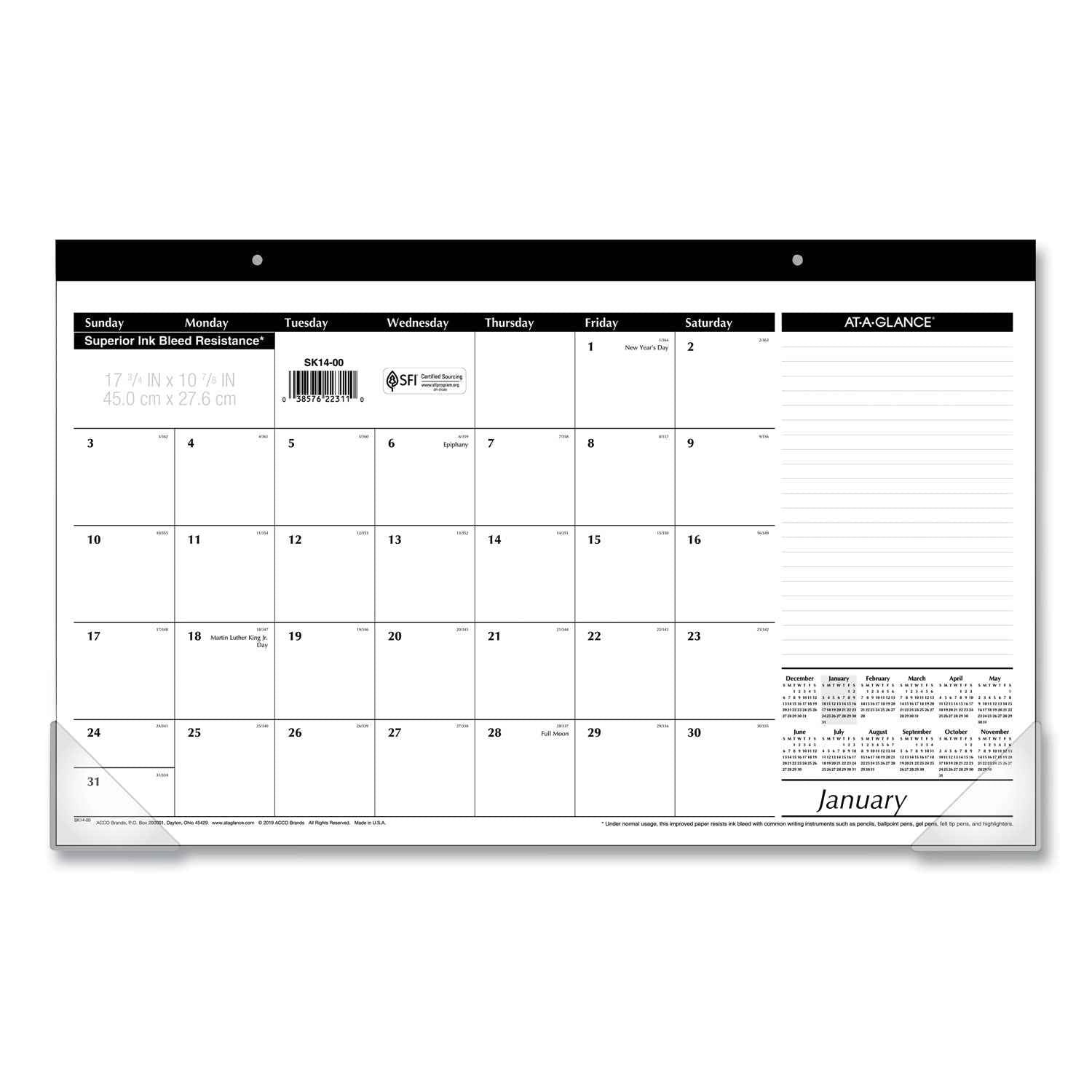 AT-A-GLANCE® Compact Desk Pad, 18 x 11, White Sheets, Black Binding, Clear Corners, 12-Month (Jan to Dec): 2025